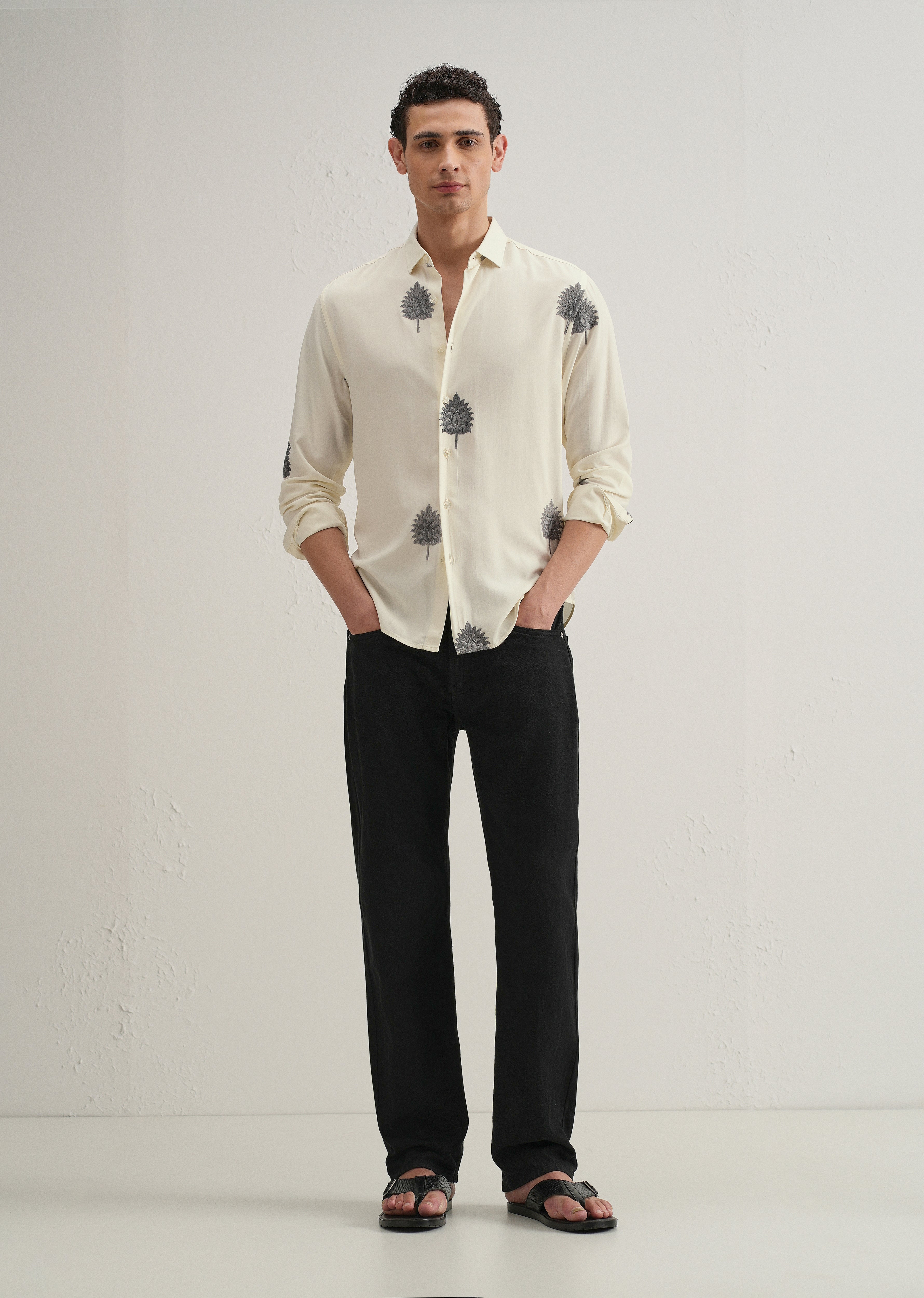 Cream Ethnic Motif Embroidery Shirt