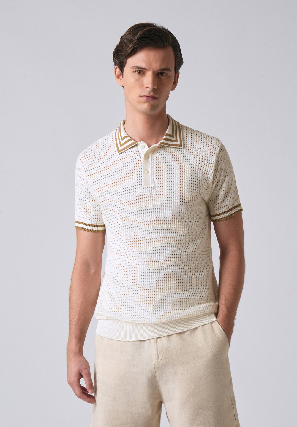 Cream Open Knitted Polo T-shirt