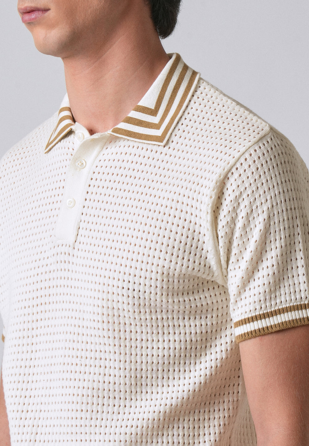 Cream Open Knitted Polo T-shirt