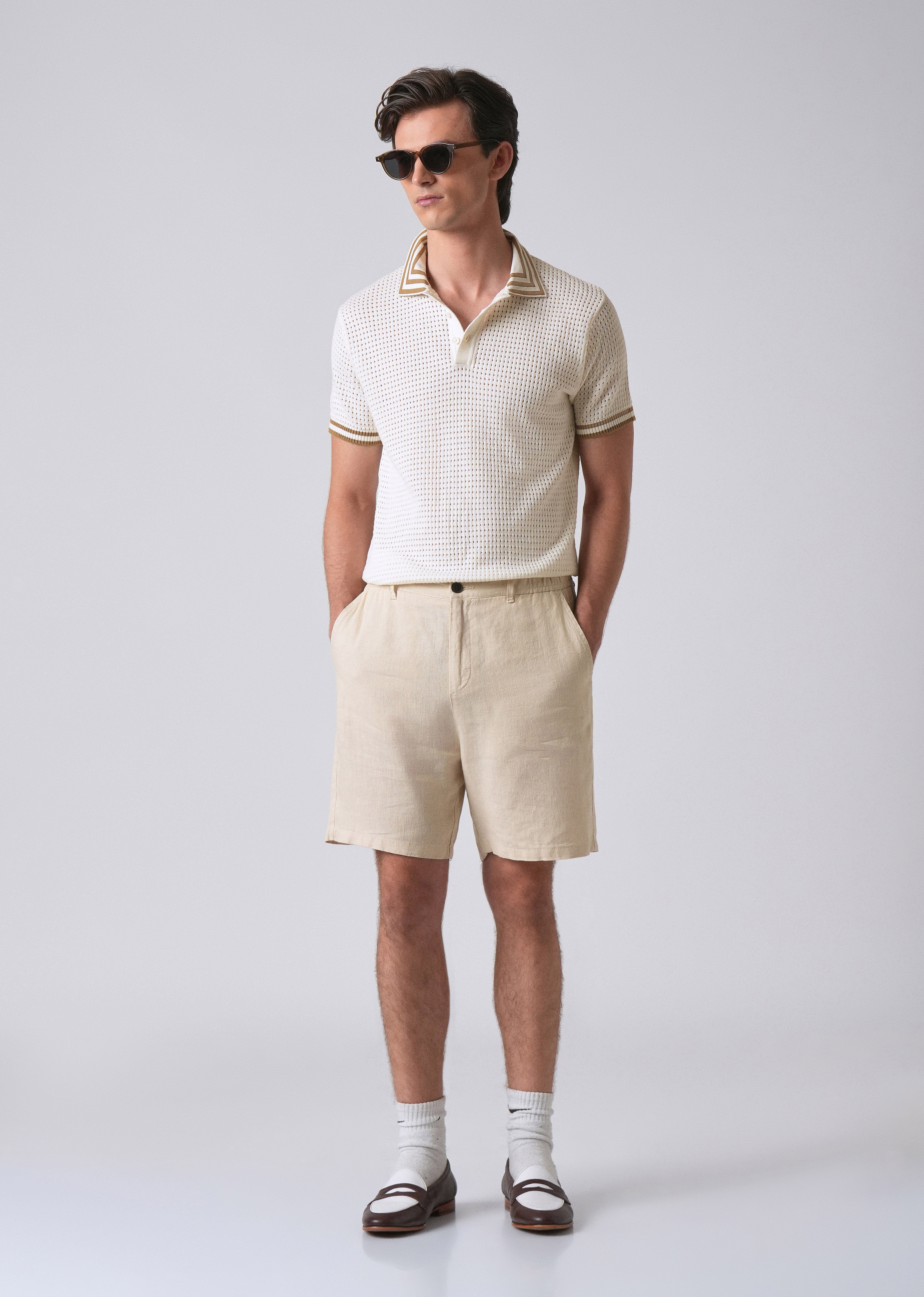 Cream Open Knitted Polo T-shirt