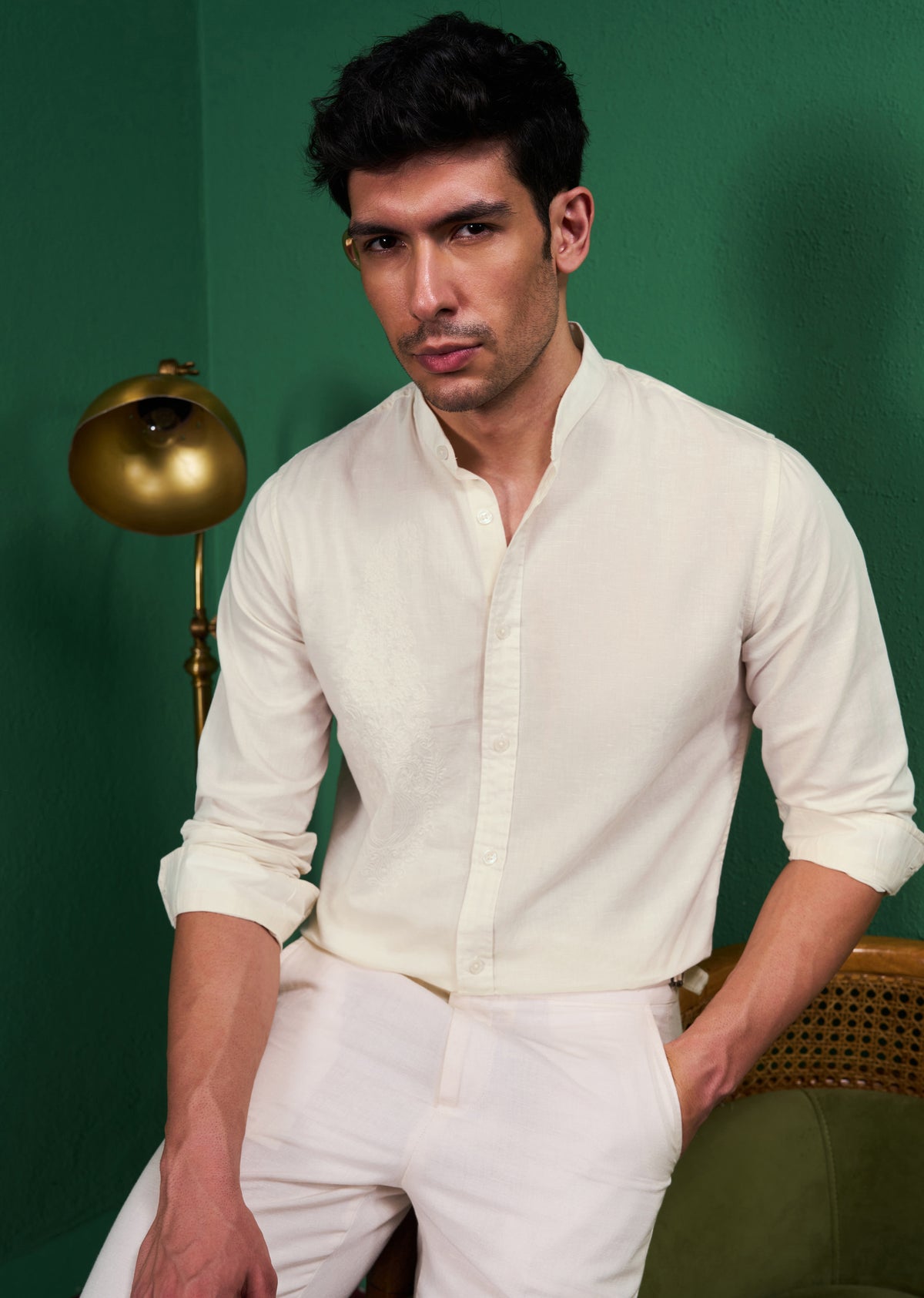 Cream Paisley Embroidery Linen Shirt