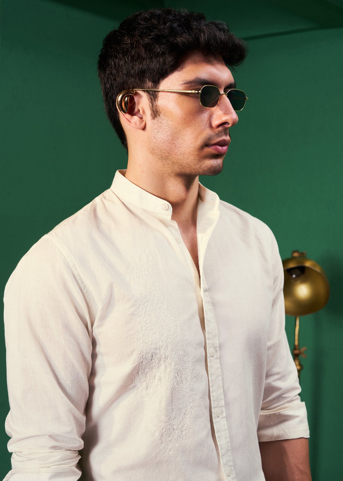 Cream Paisley Embroidery Linen Shirt