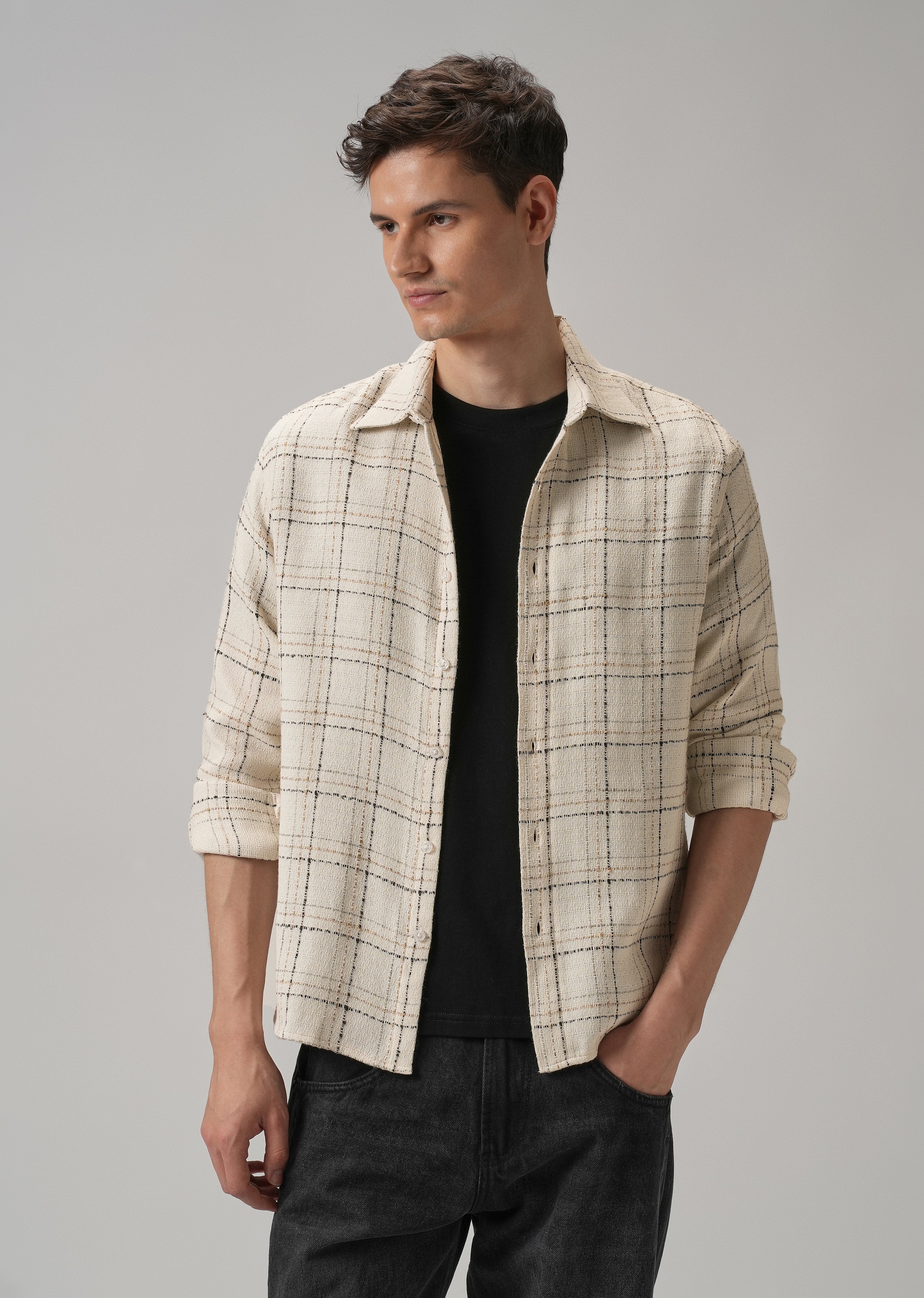 Cream Plaid Textured Cotton Check Shirt