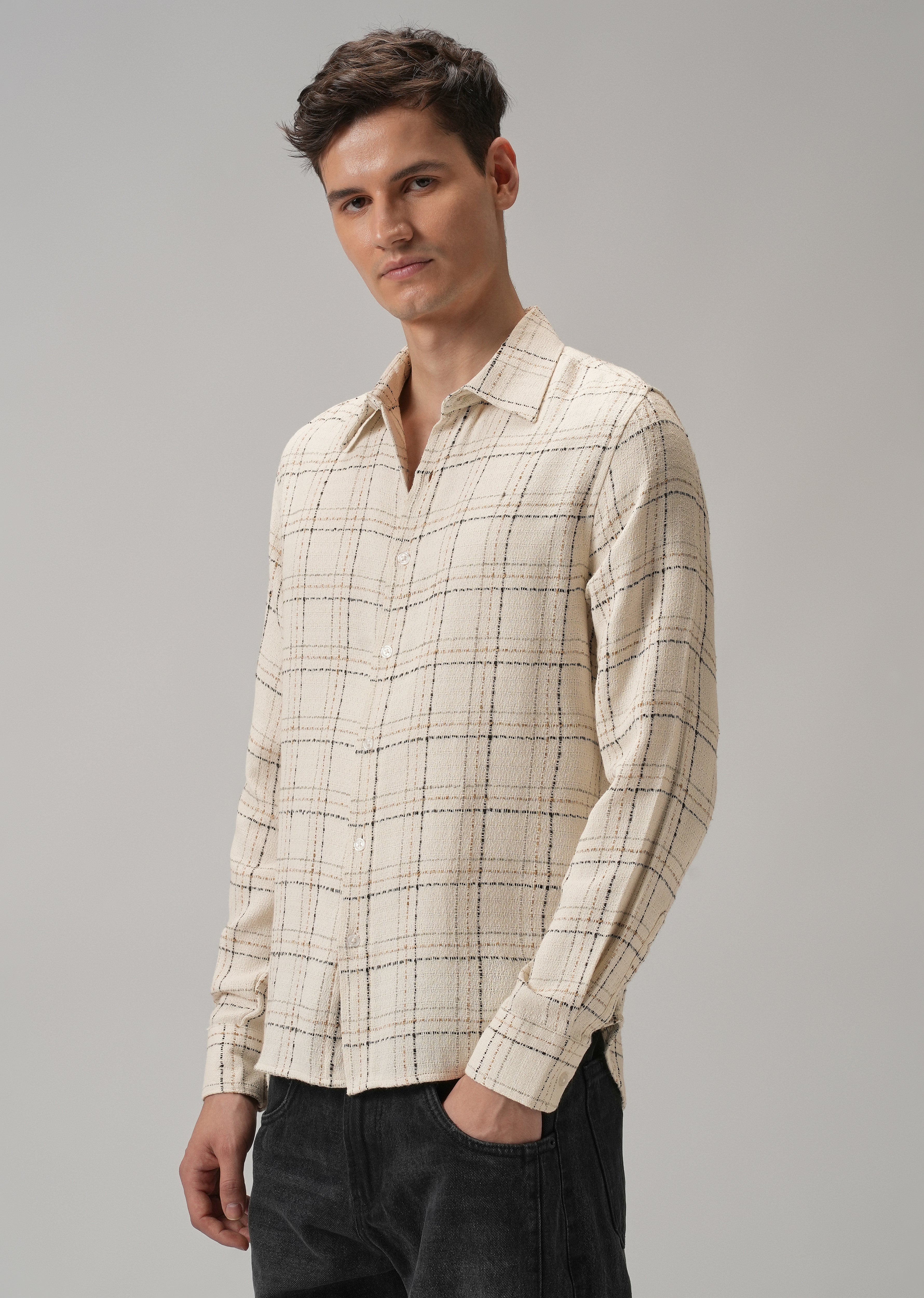 Cream Plaid Textured Cotton Check Shirt