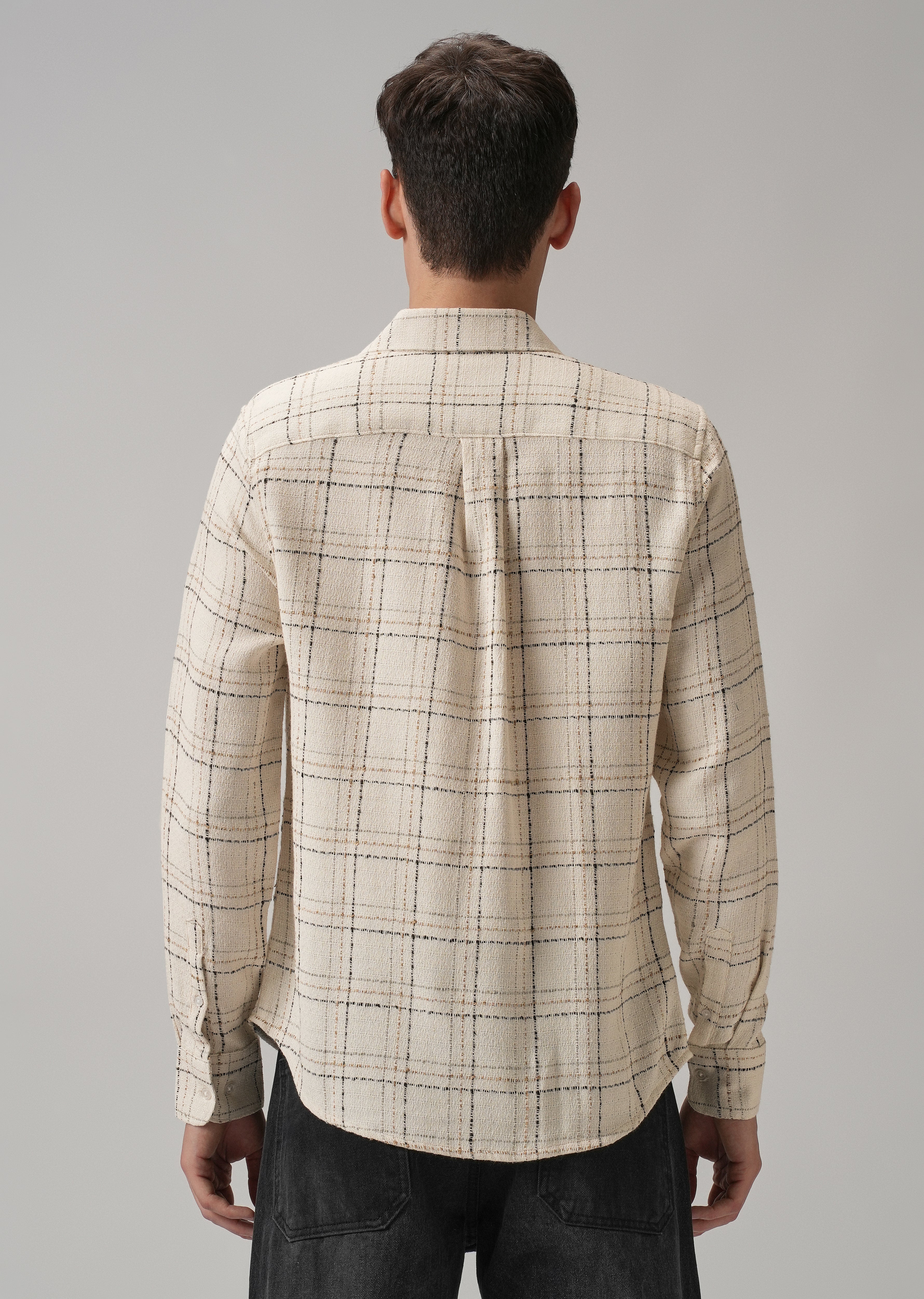 Cream Plaid Textured Cotton Check Shirt