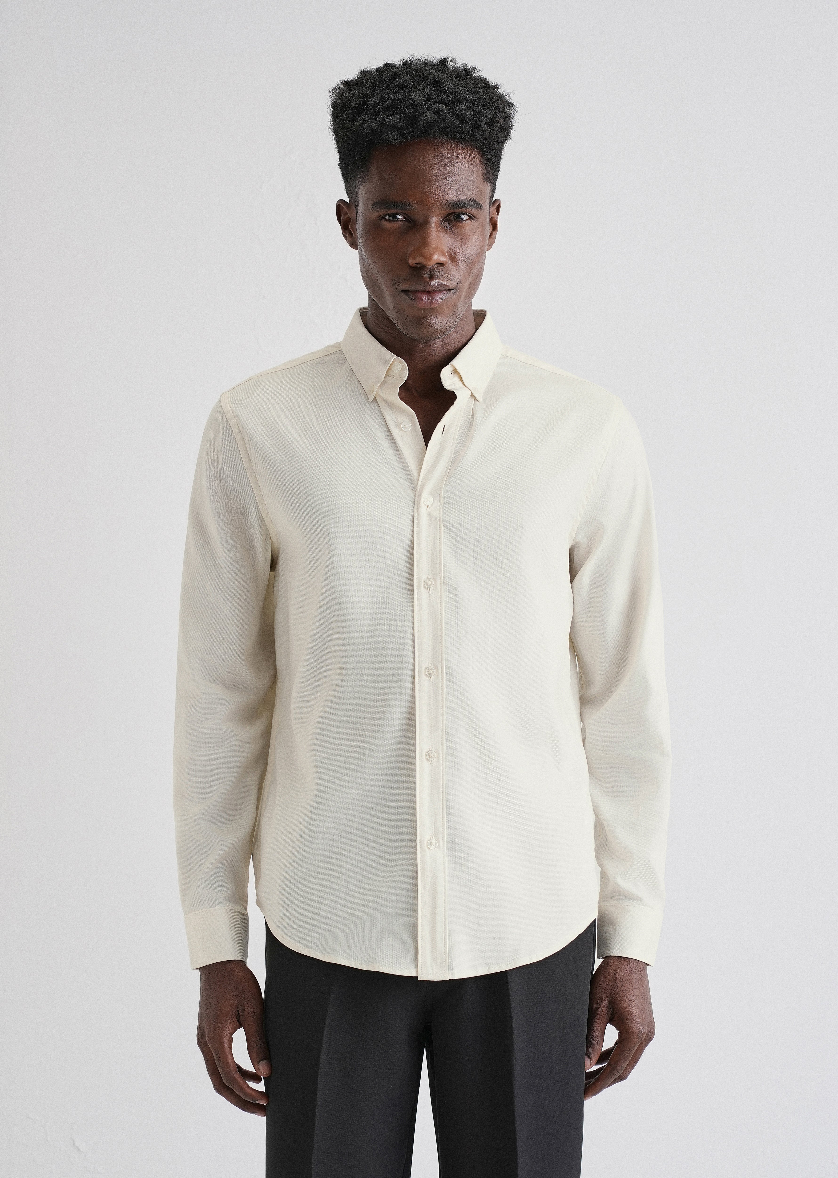 Cream Plain Blended Cotton Regular Fit Shirt