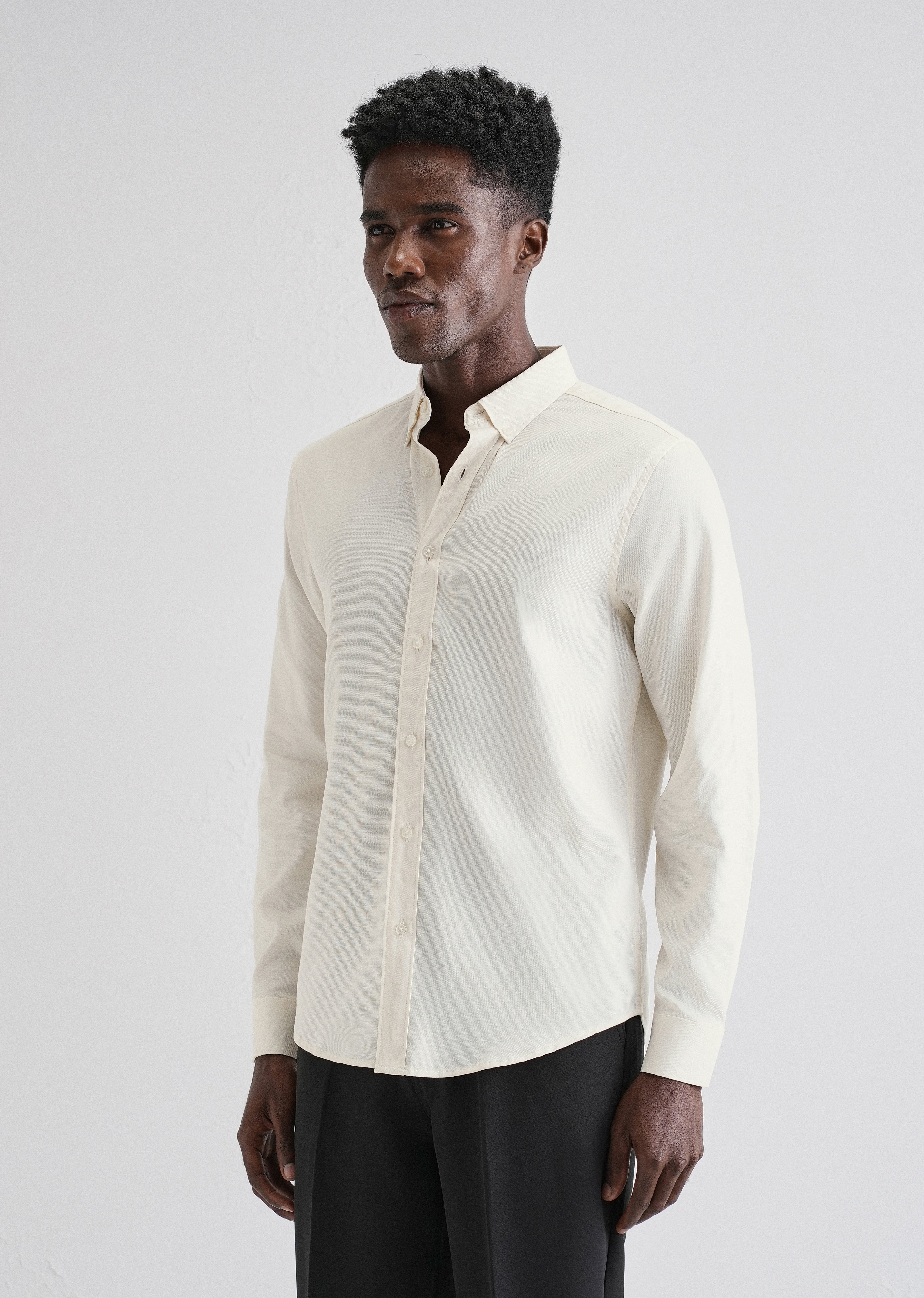 Cream Plain Blended Cotton Regular Fit Shirt