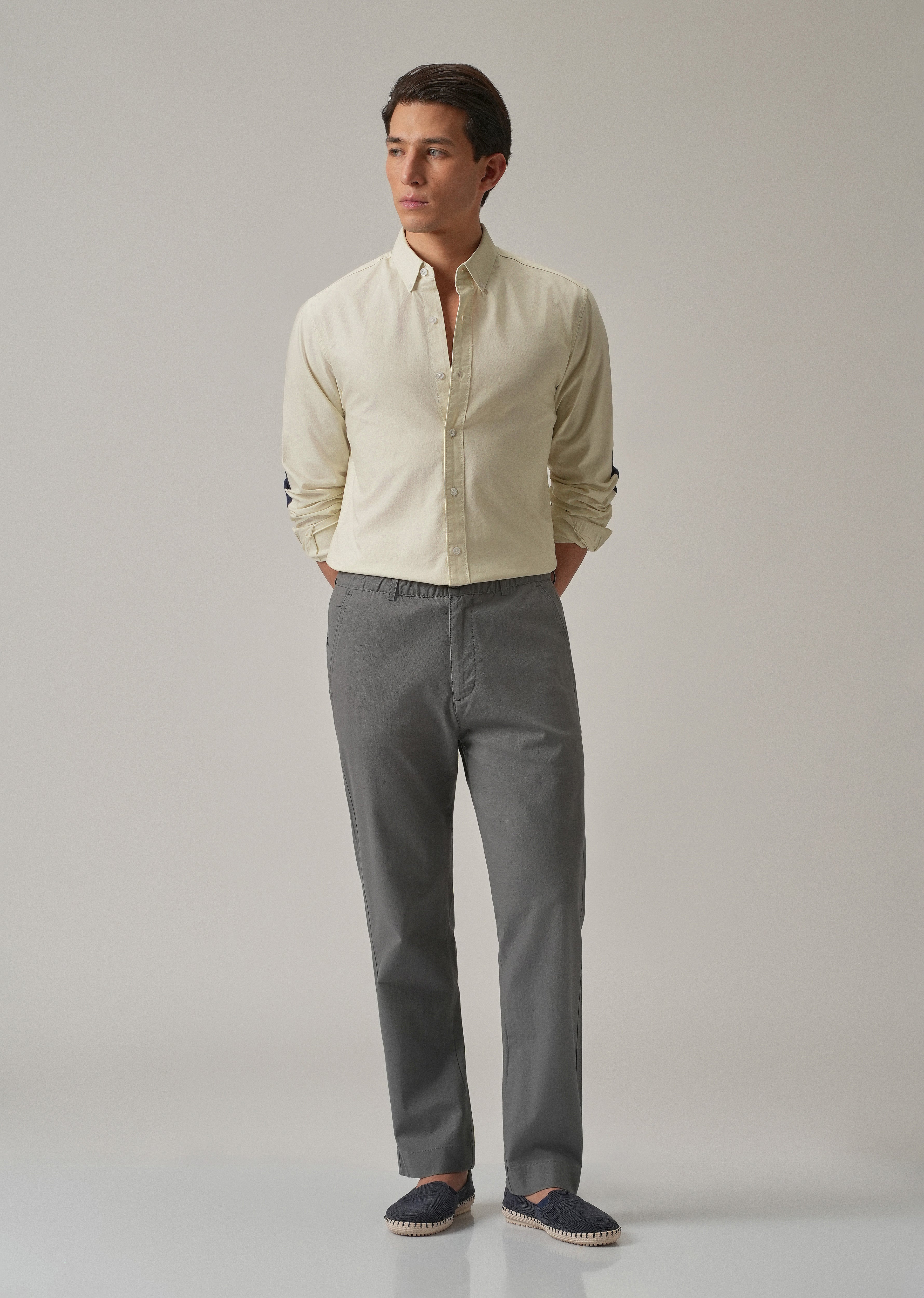 Cream Plain Elbow Patch Oxford Shirt