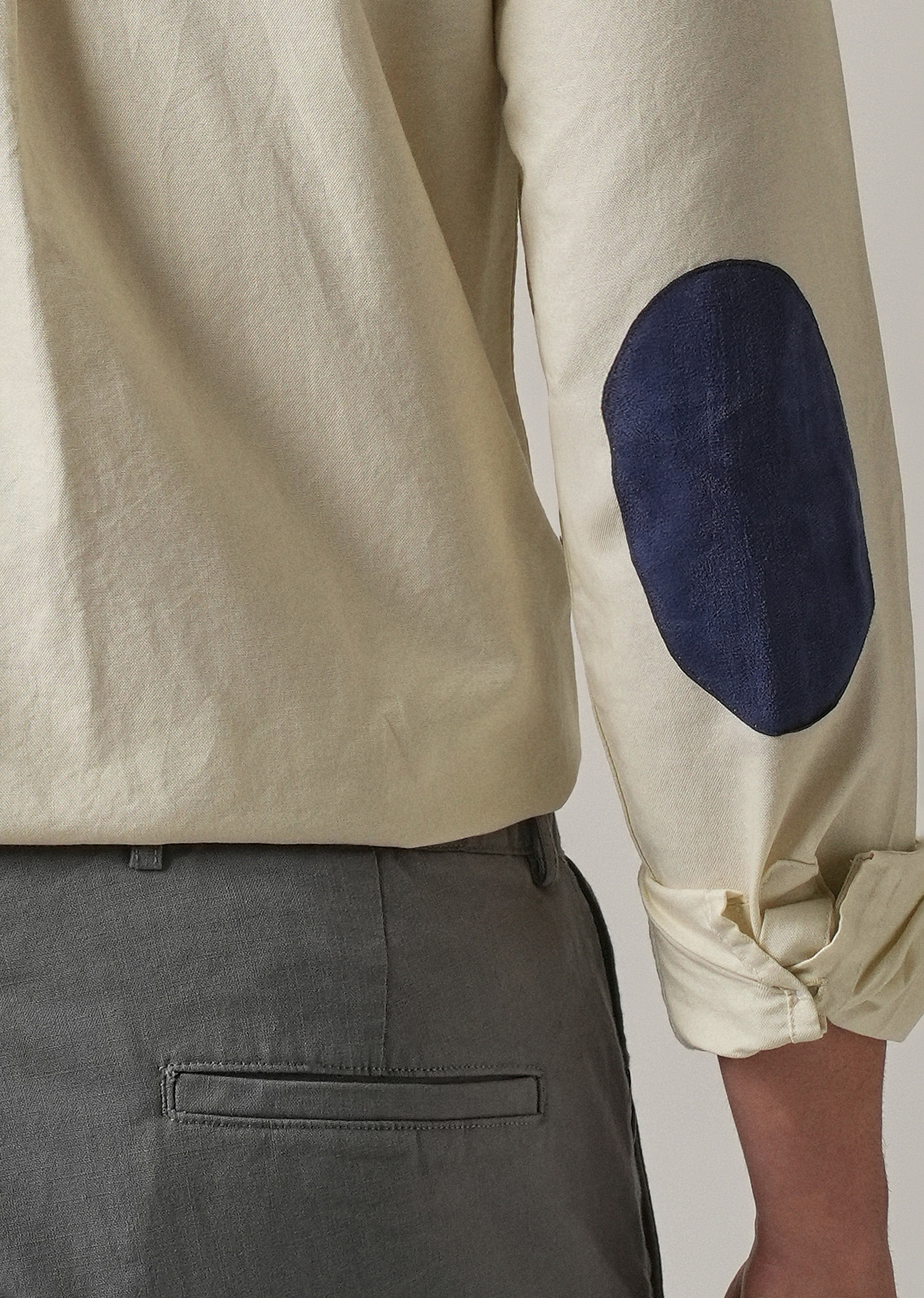 Cream Plain Elbow Patch Oxford Shirt