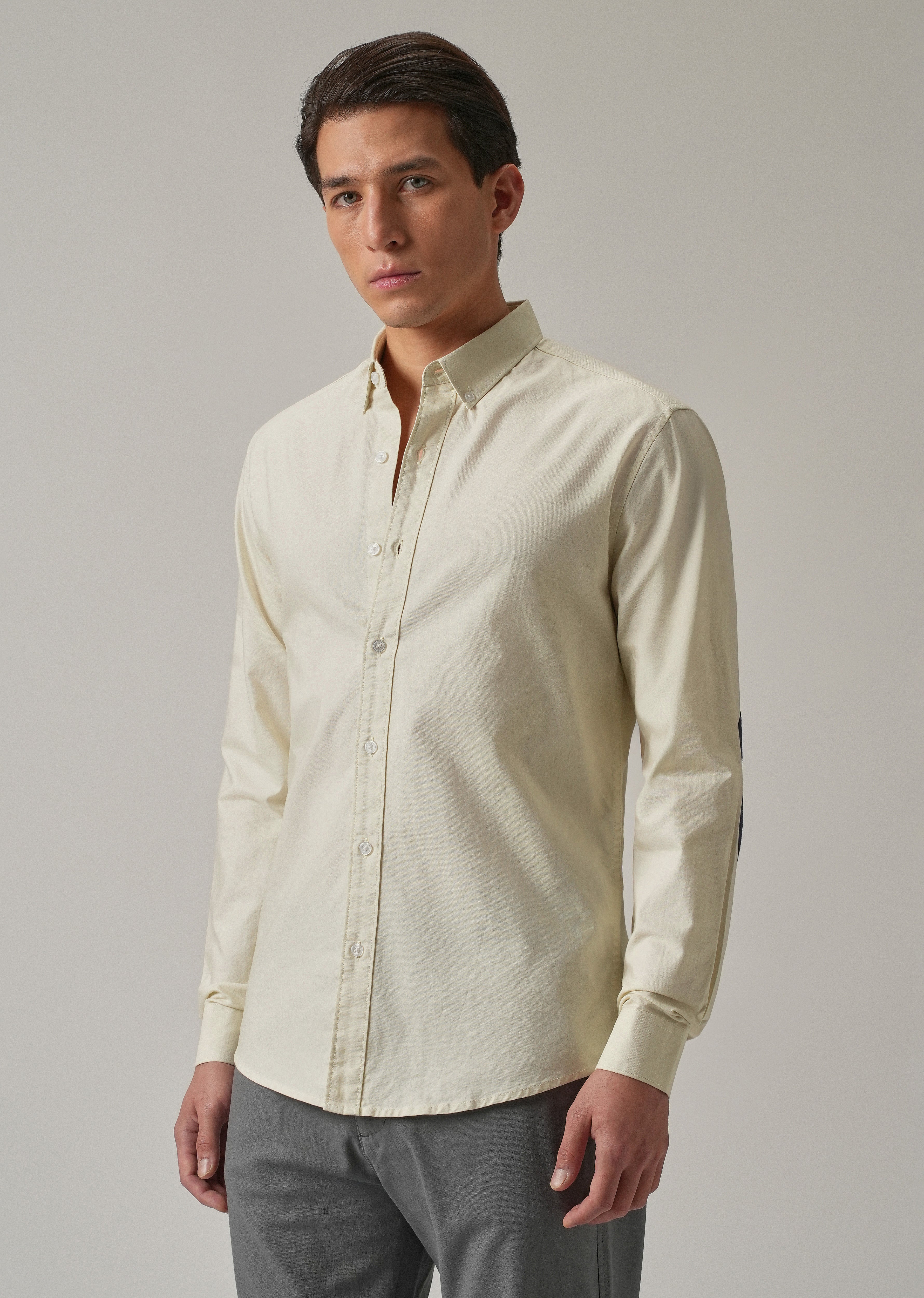 Cream Plain Elbow Patch Oxford Shirt