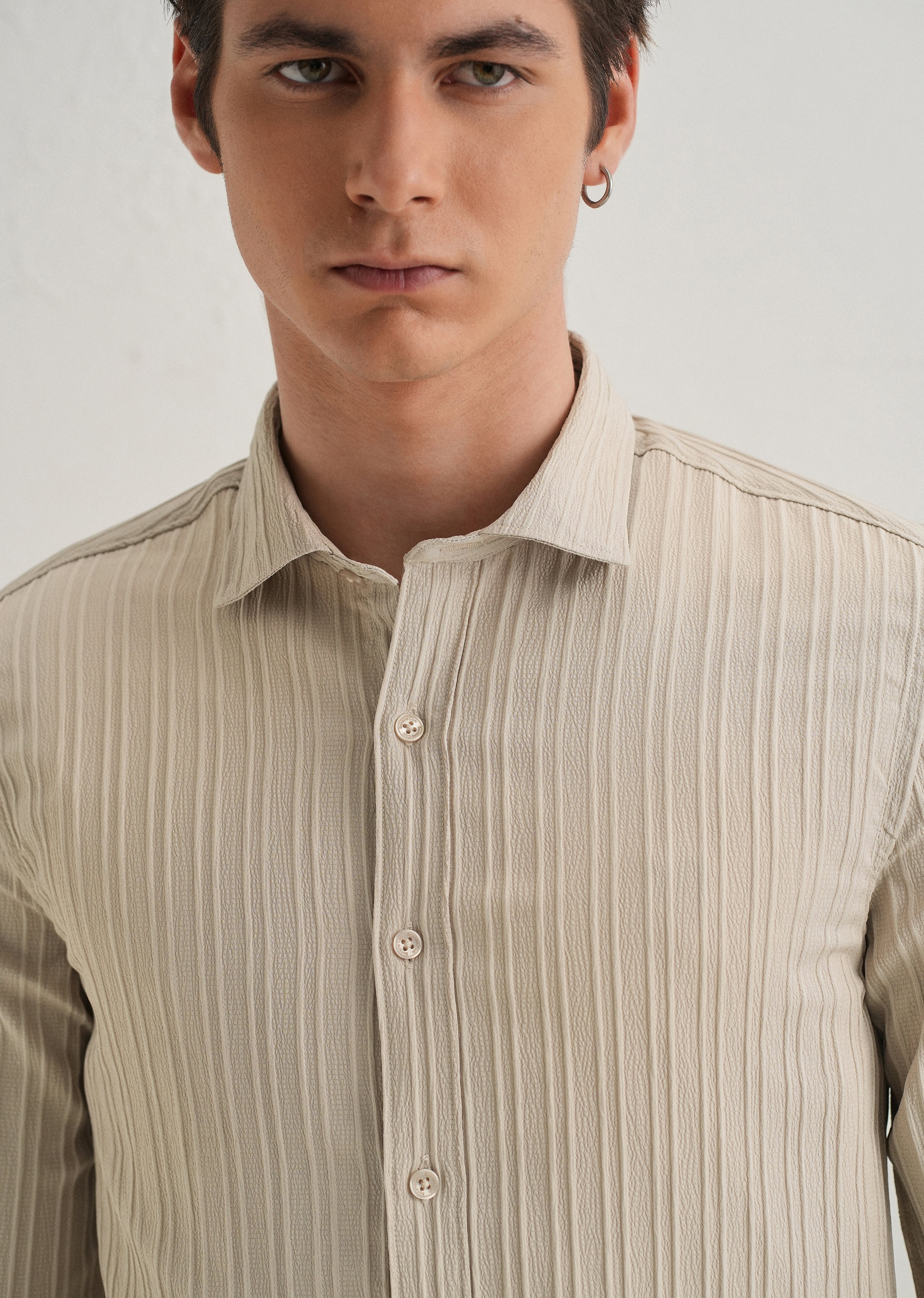 Cream Plain Self Striped Shirt