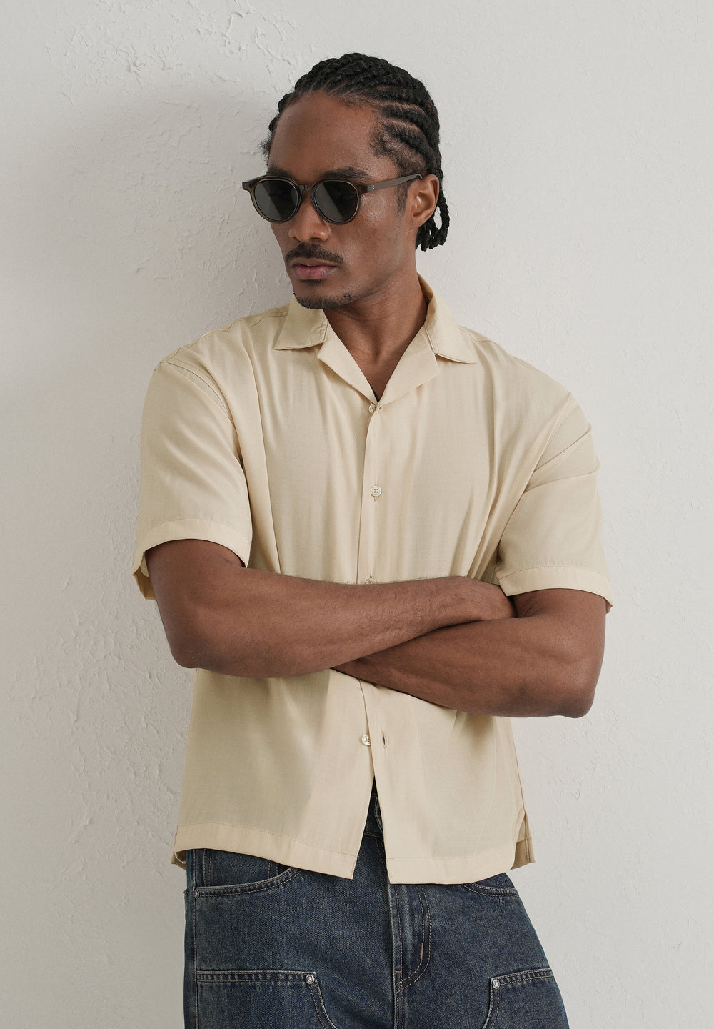 Beige Plain Sheen Cuban Collar Shirt