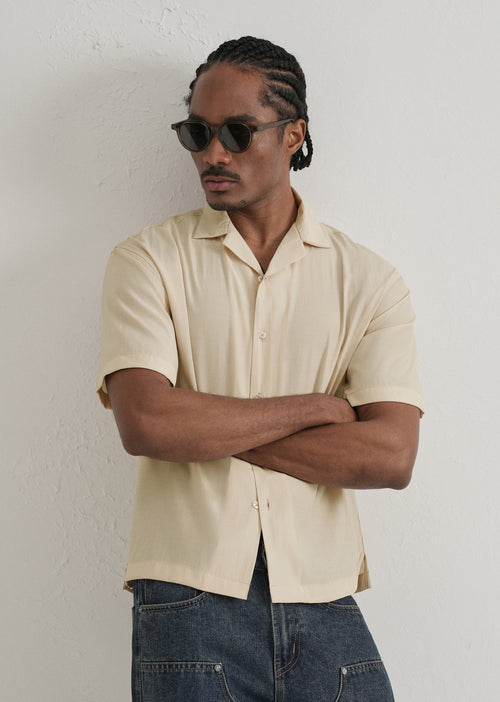 Beige Plain Sheen Cuban Collar Shirt