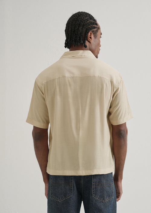 Beige Plain Sheen Cuban Collar Shirt