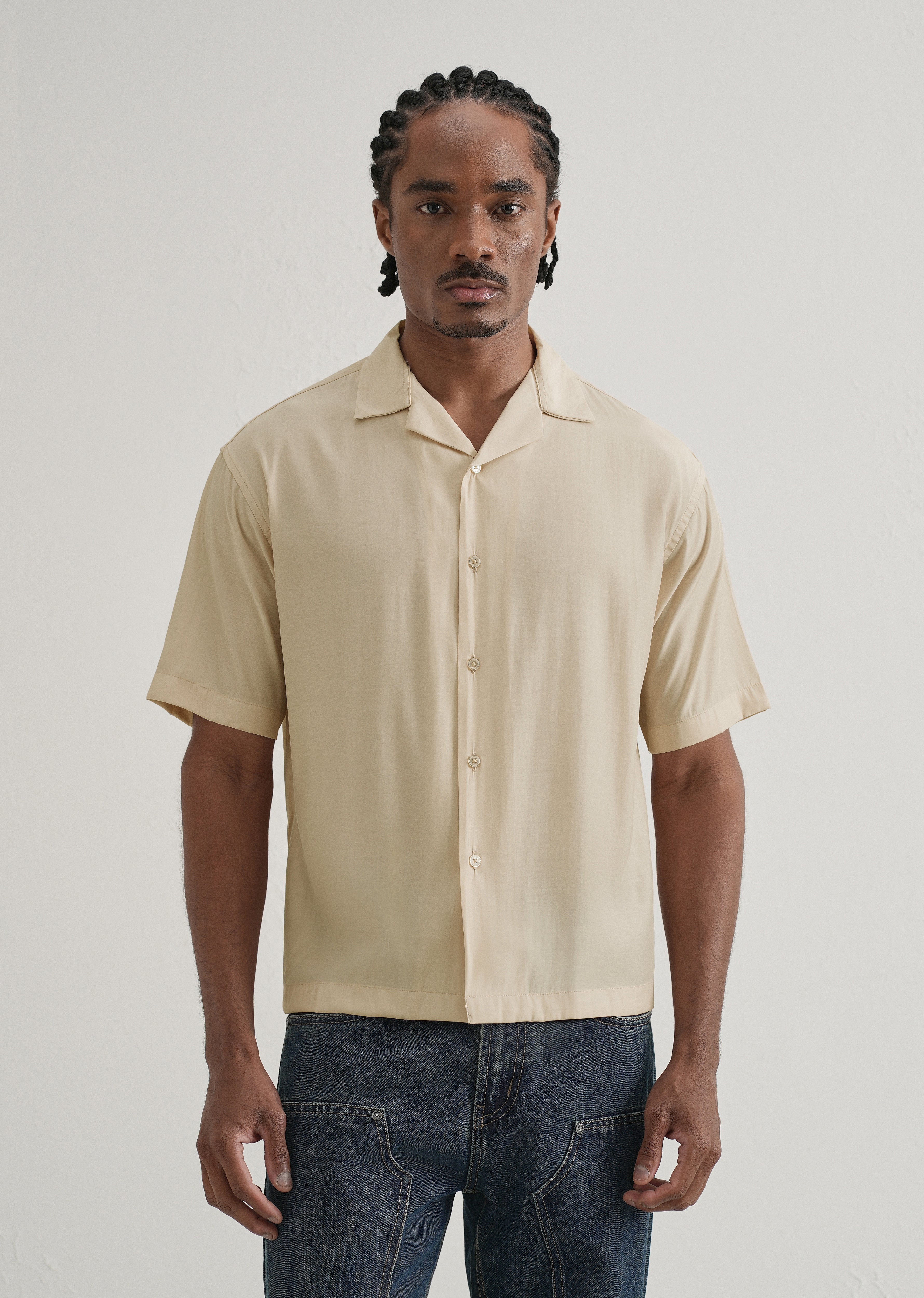Beige Plain Sheen Cuban Collar Shirt