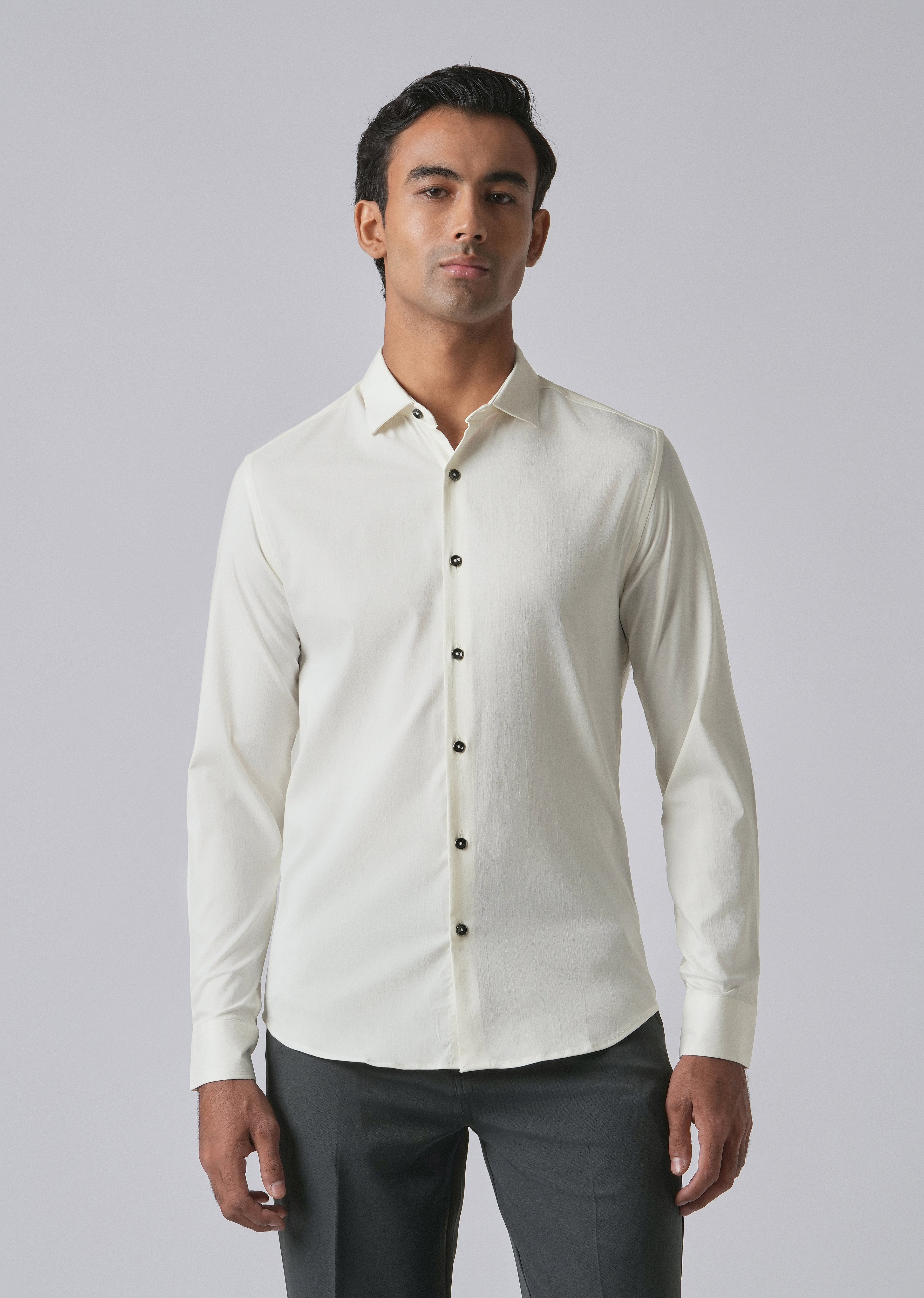 Cream Cotton Stretch Plain Shirt