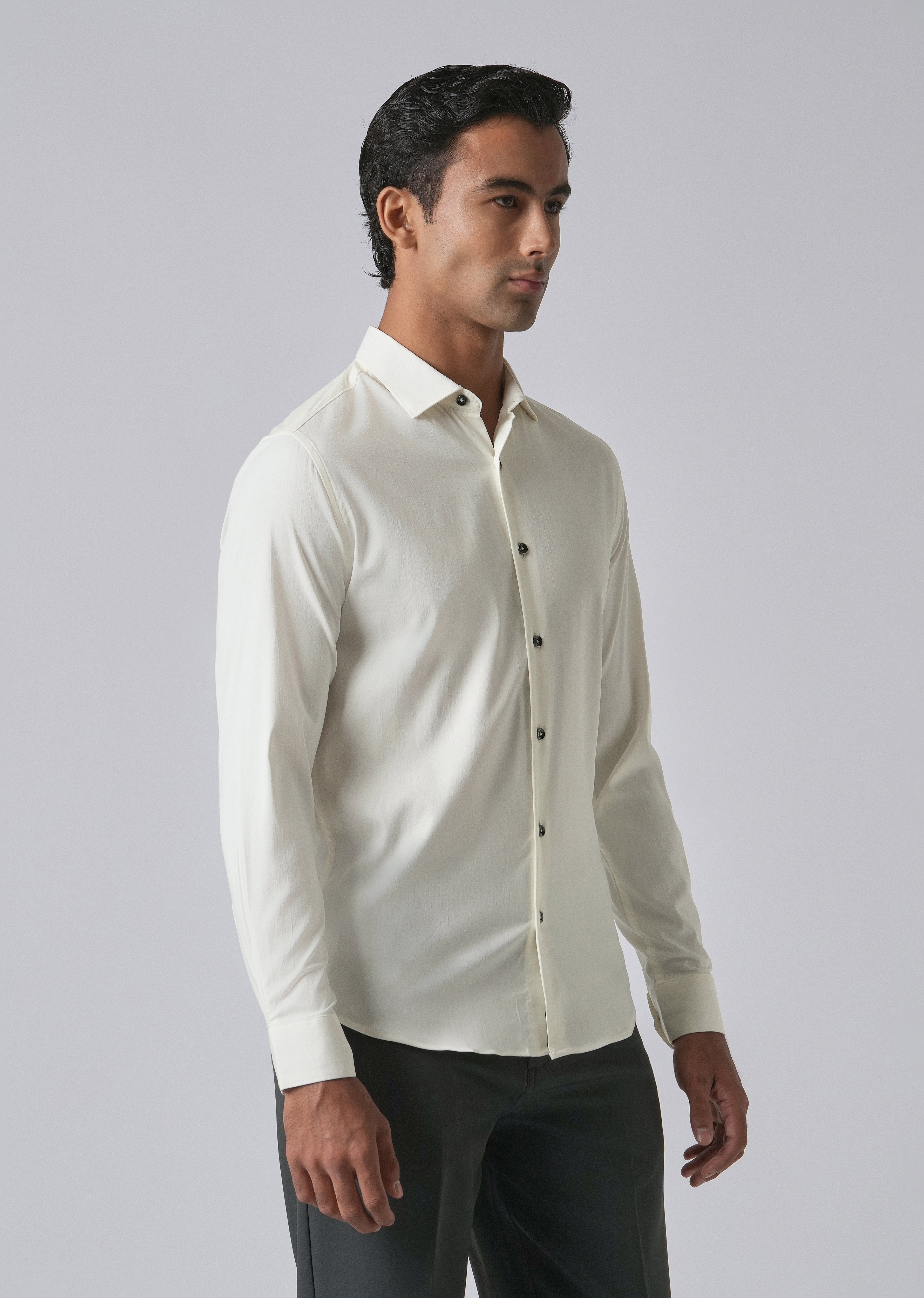 Cream Cotton Stretch Plain Shirt