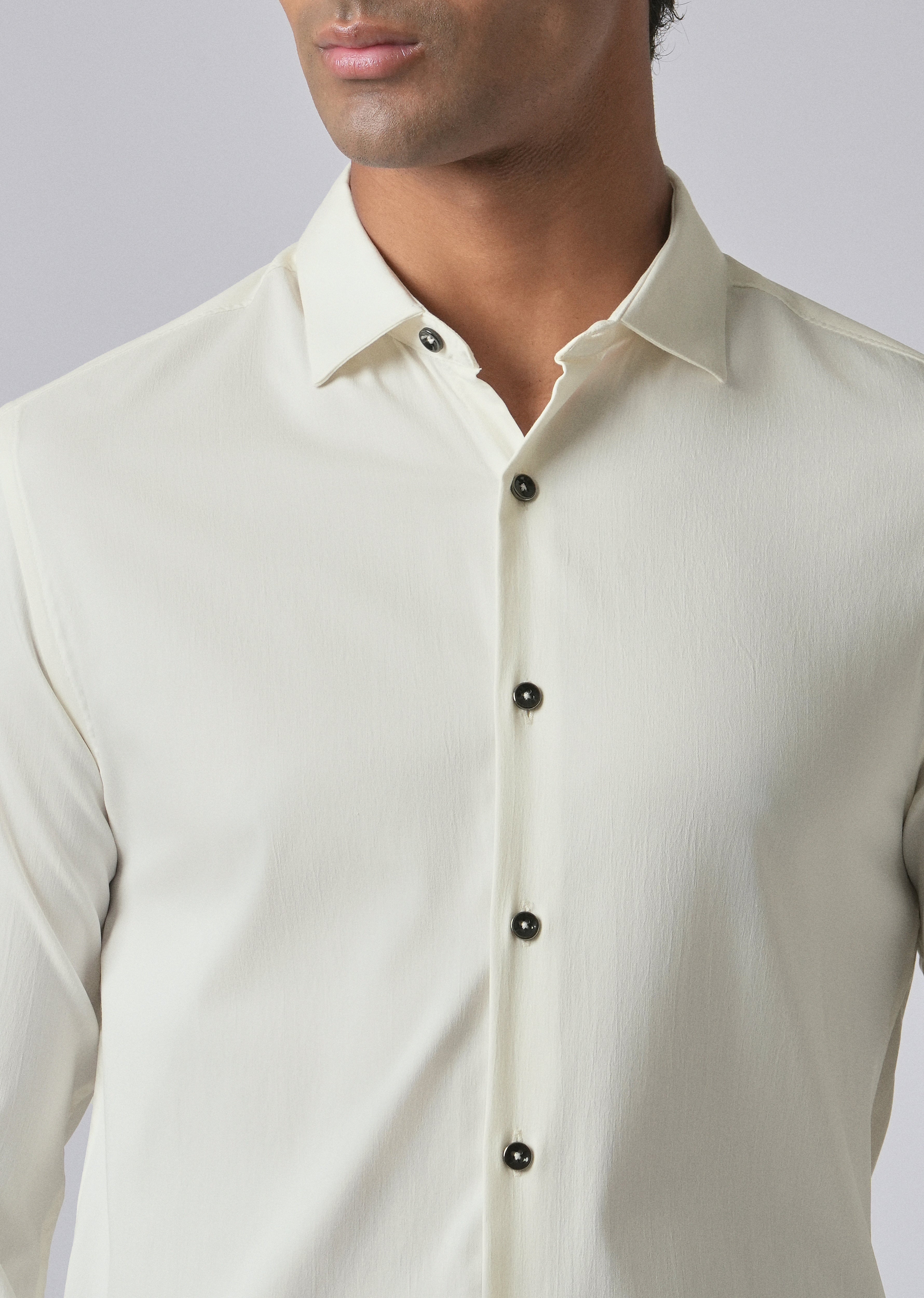 Cream Cotton Stretch Plain Shirt
