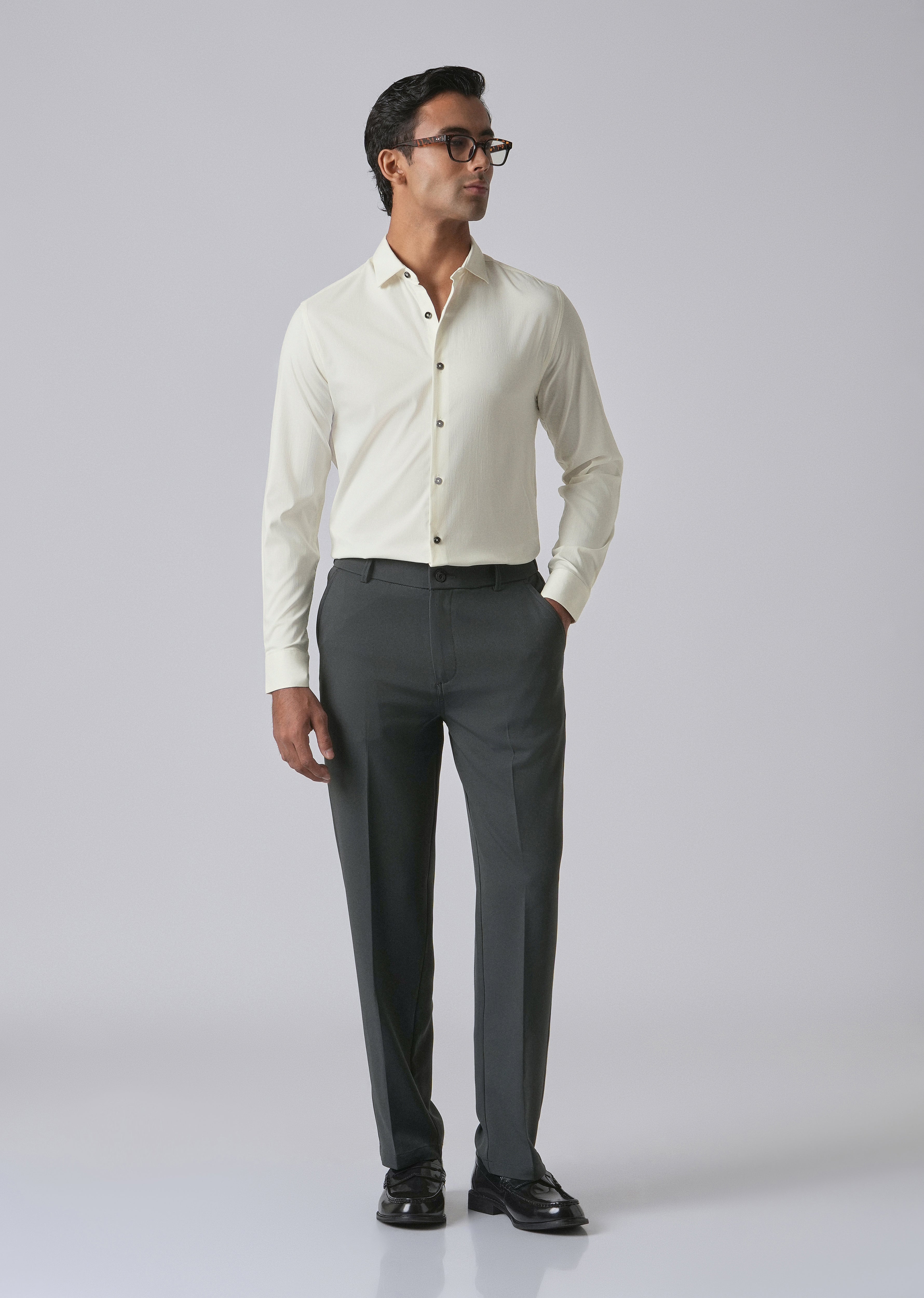 Cream Cotton Stretch Plain Shirt