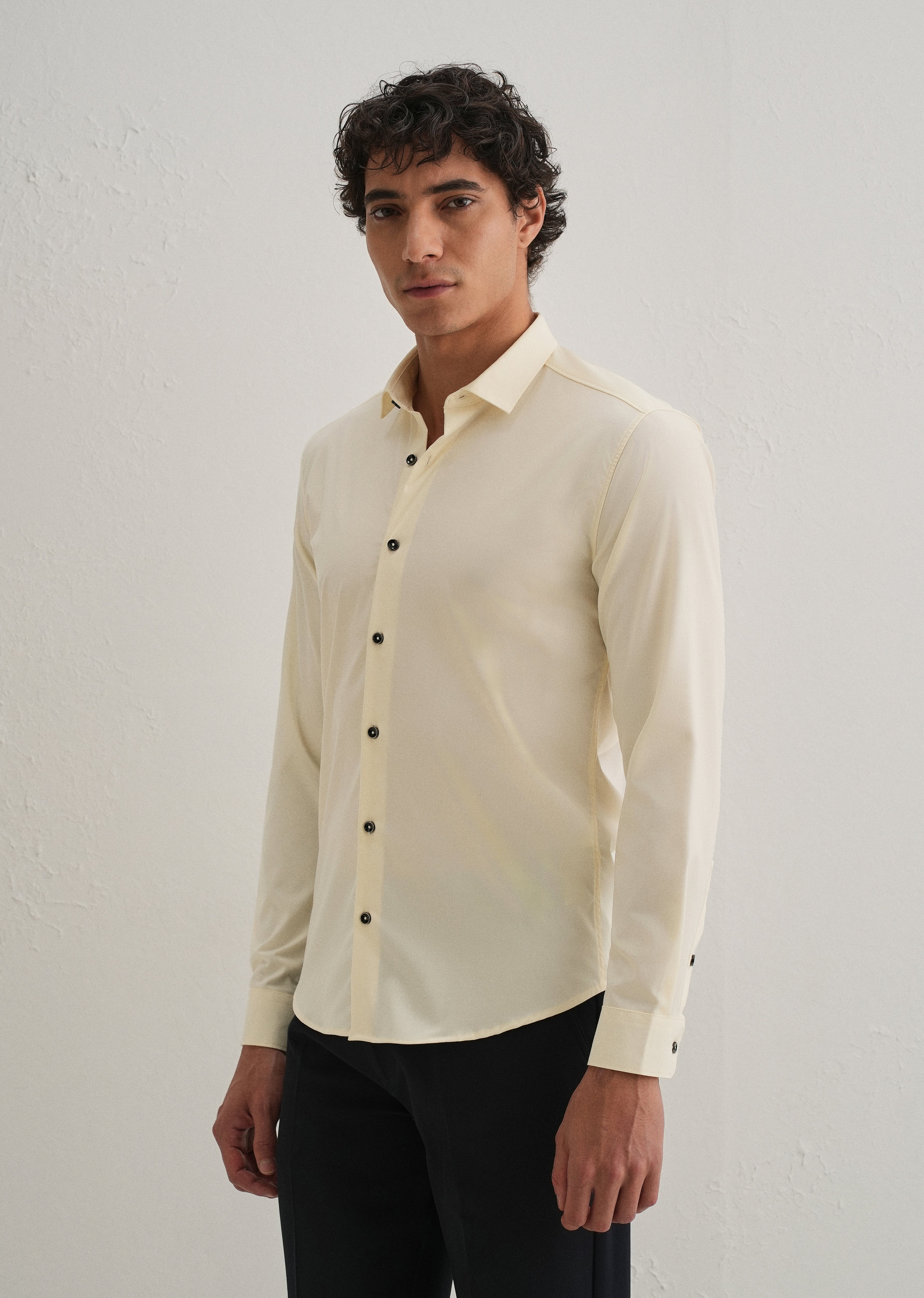 Cream Plain Wrinkle Free Shirt
