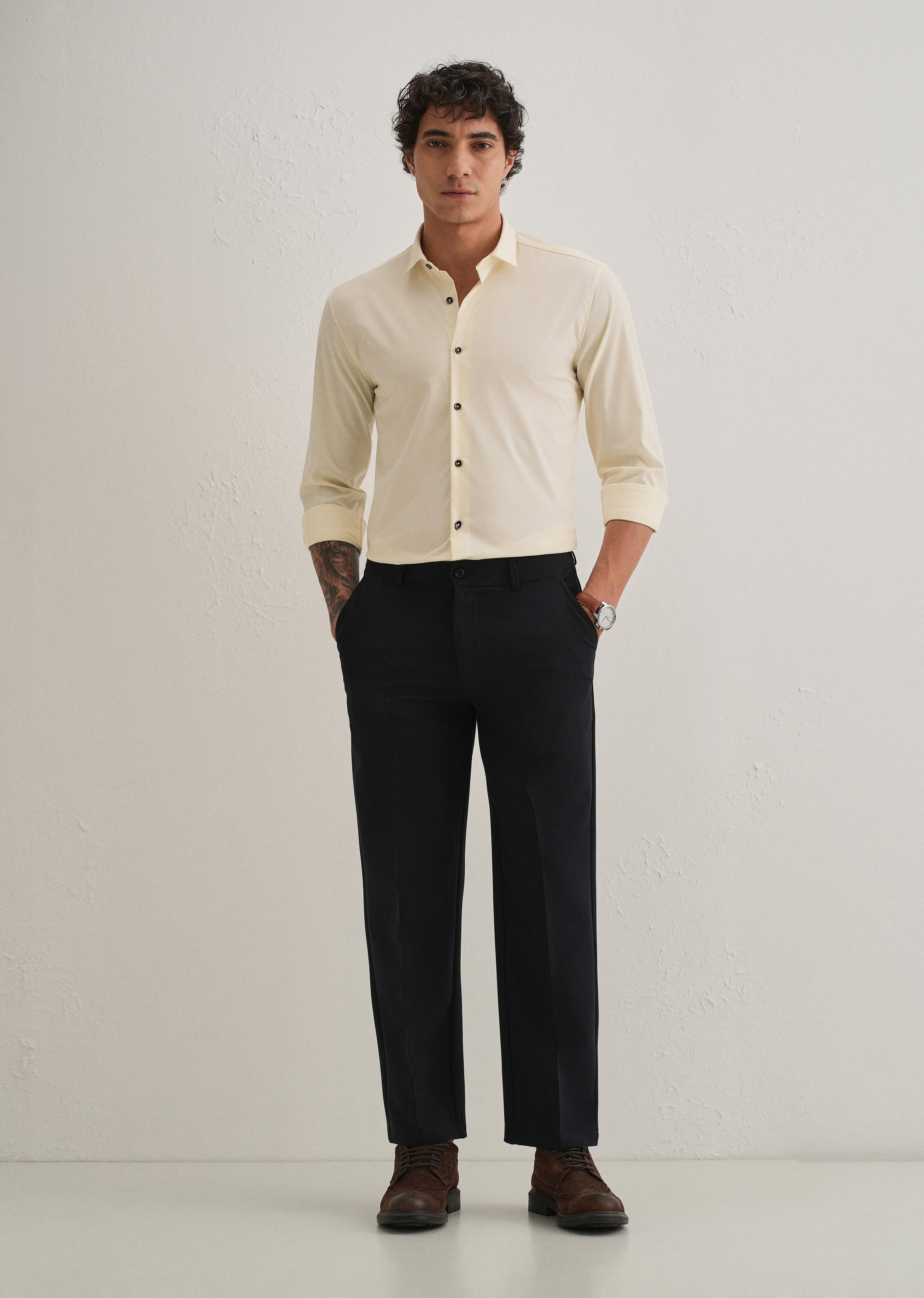 Cream Plain Wrinkle Free Shirt