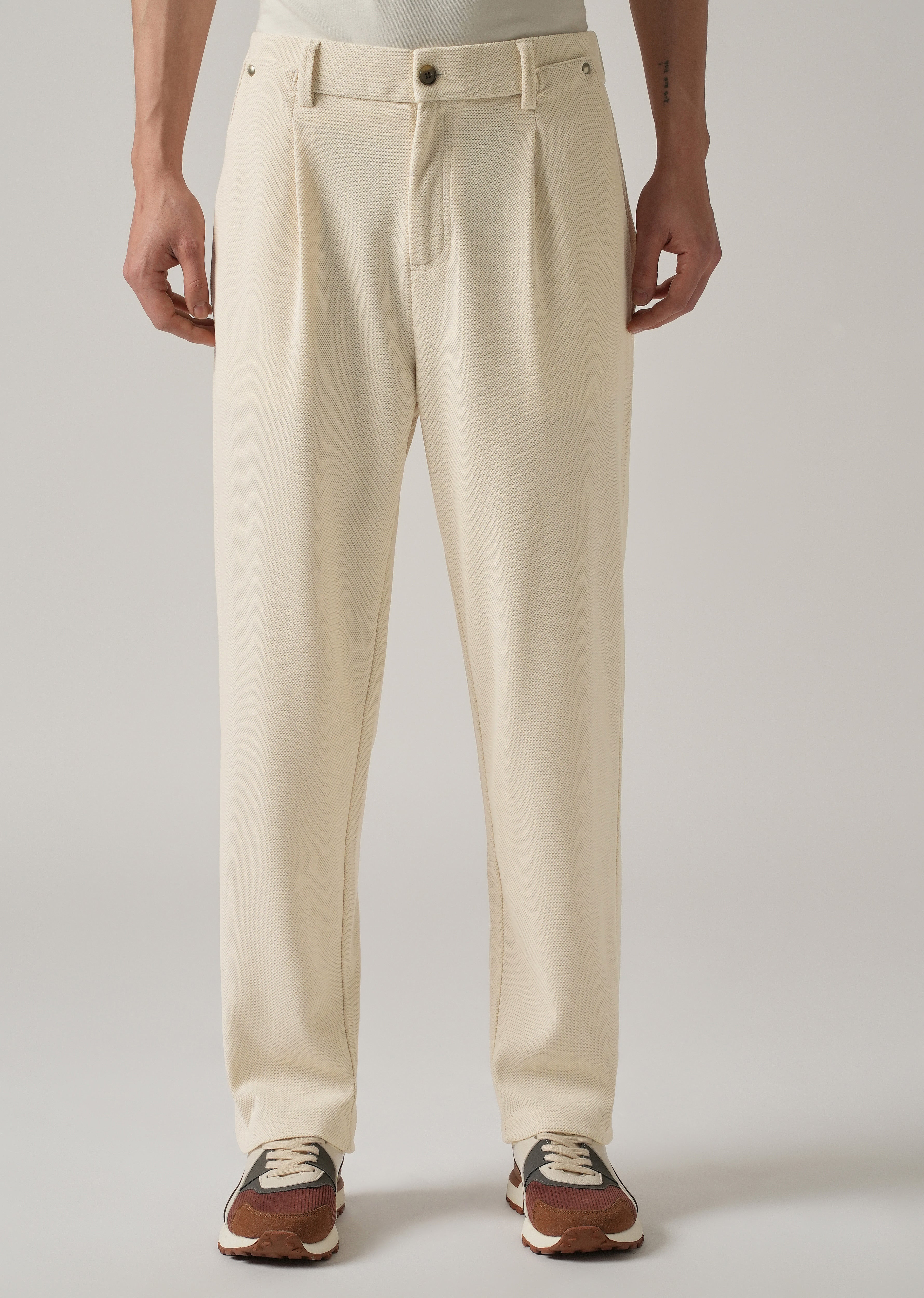 Cream Textured Pleated Relaxed Fit Pant