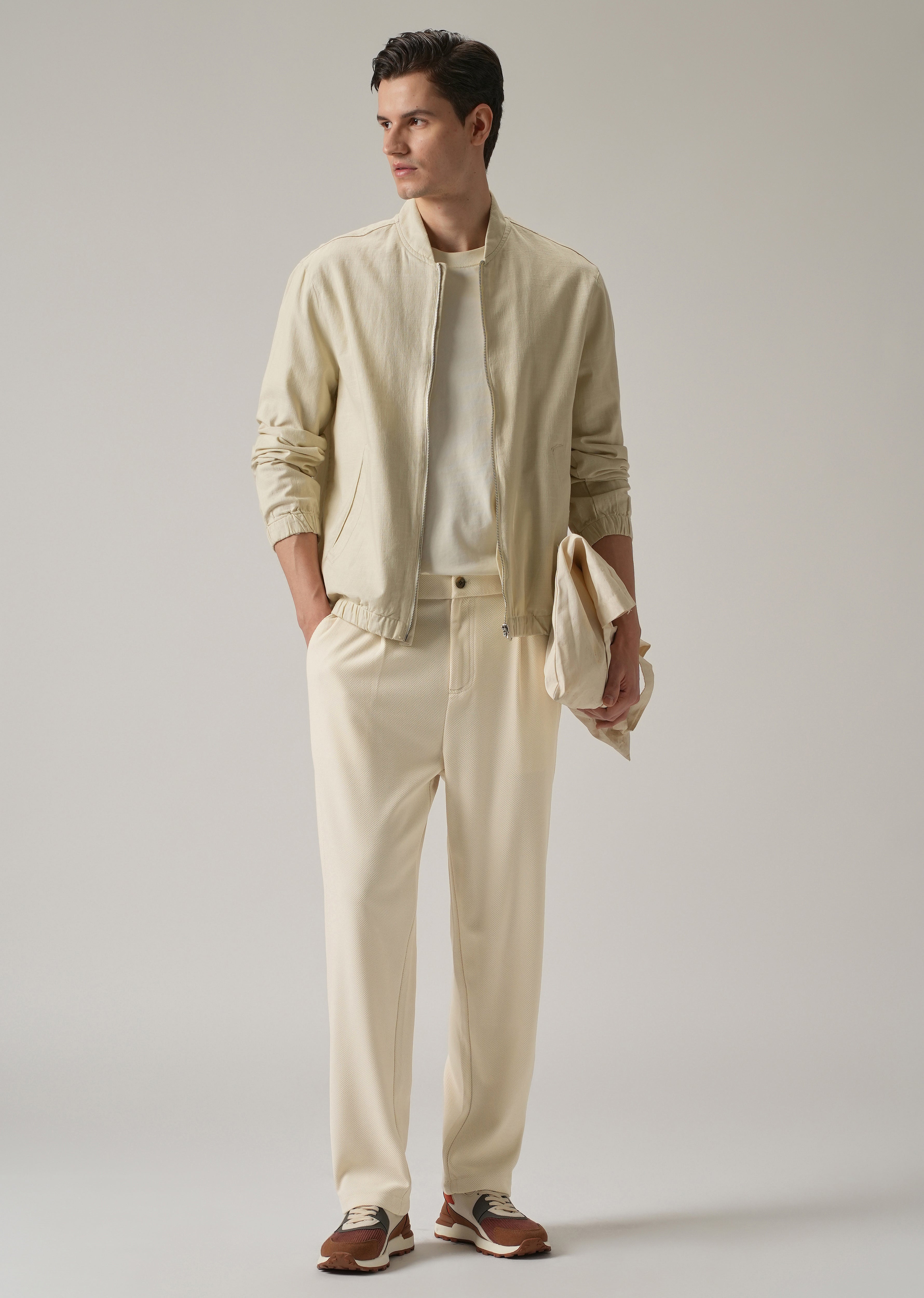 Cream Textured Pleated Relaxed Fit Pant