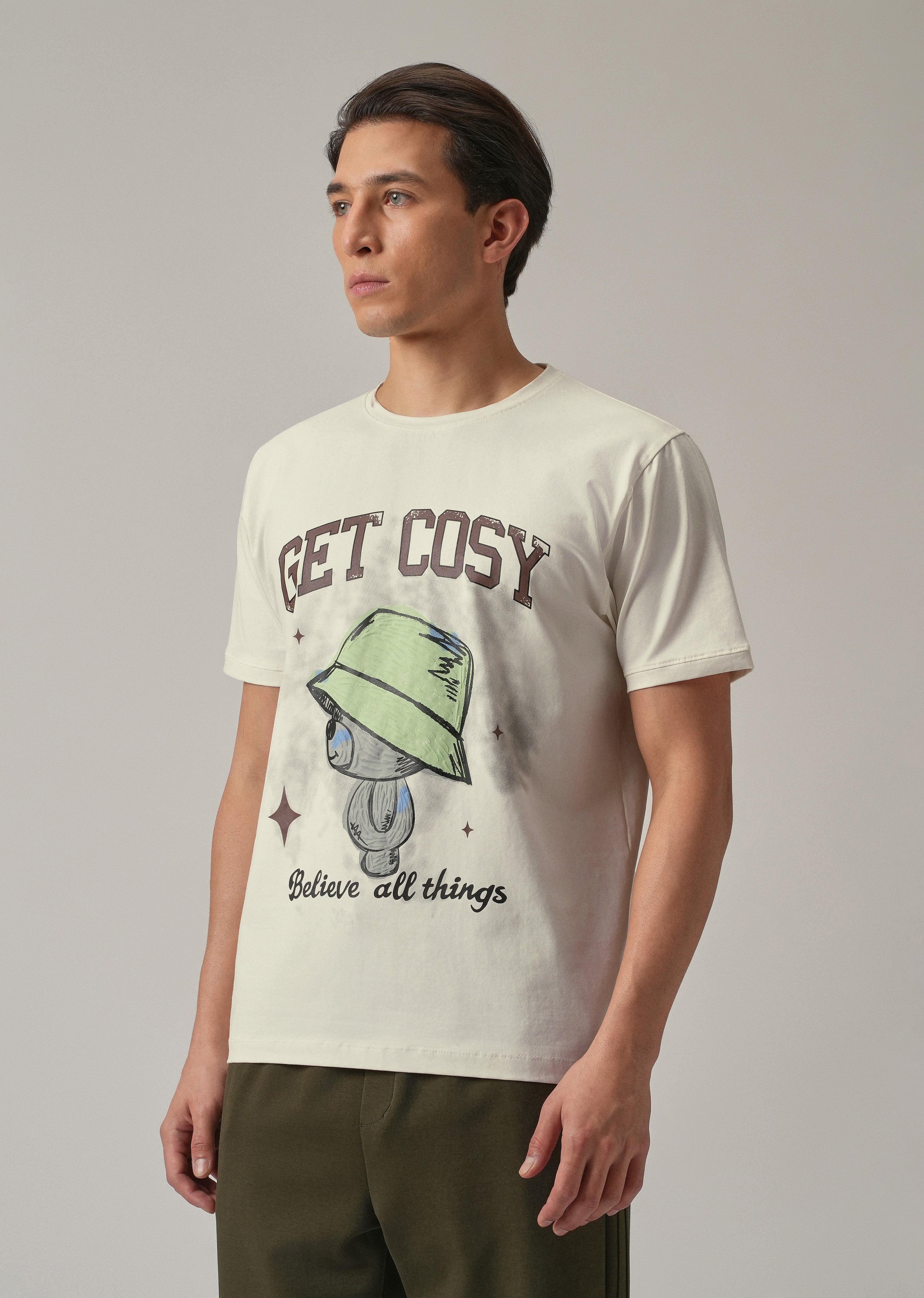 Cream Printed Slim Fit T-Shirt