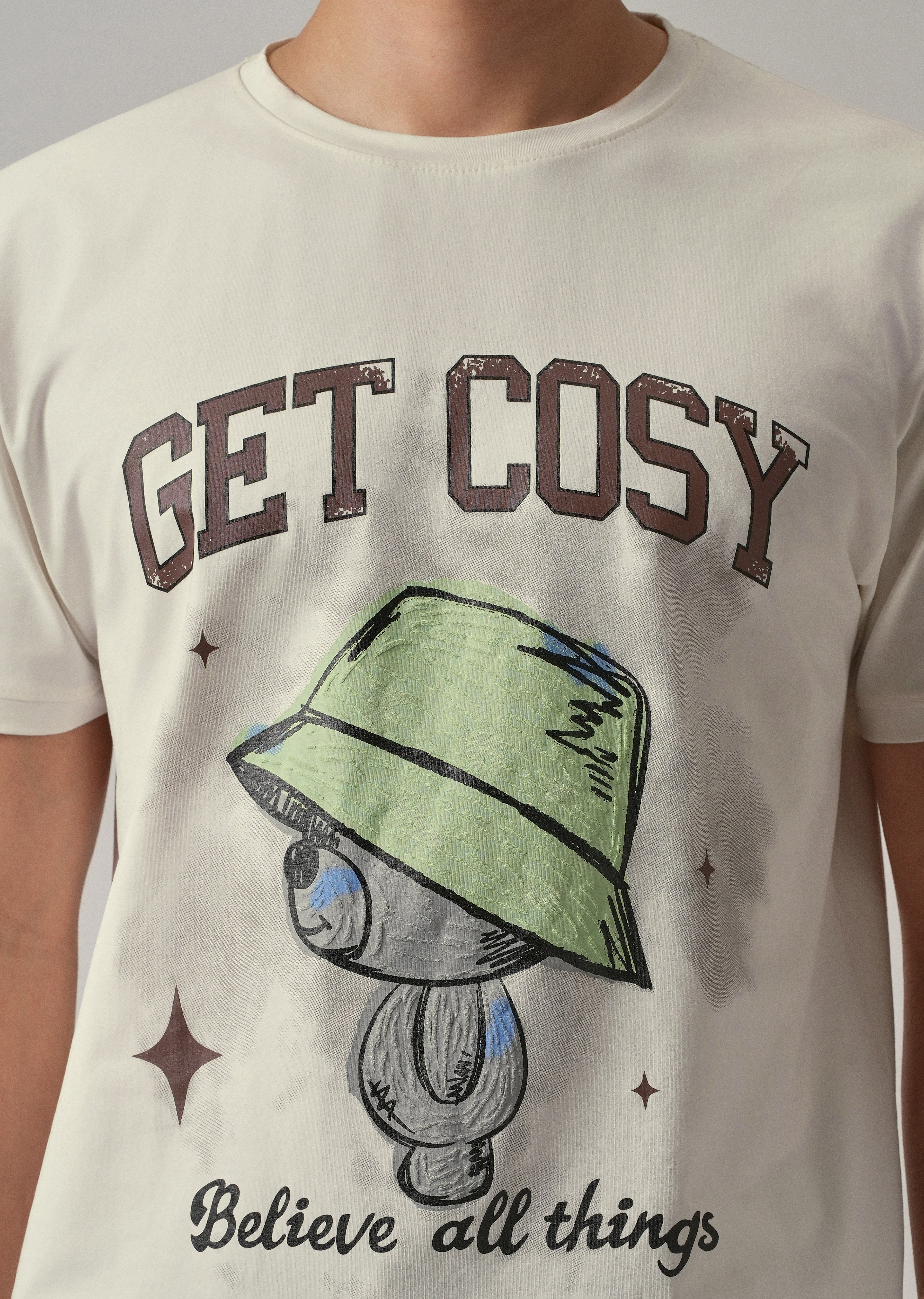 Cream Printed Slim Fit T-Shirt