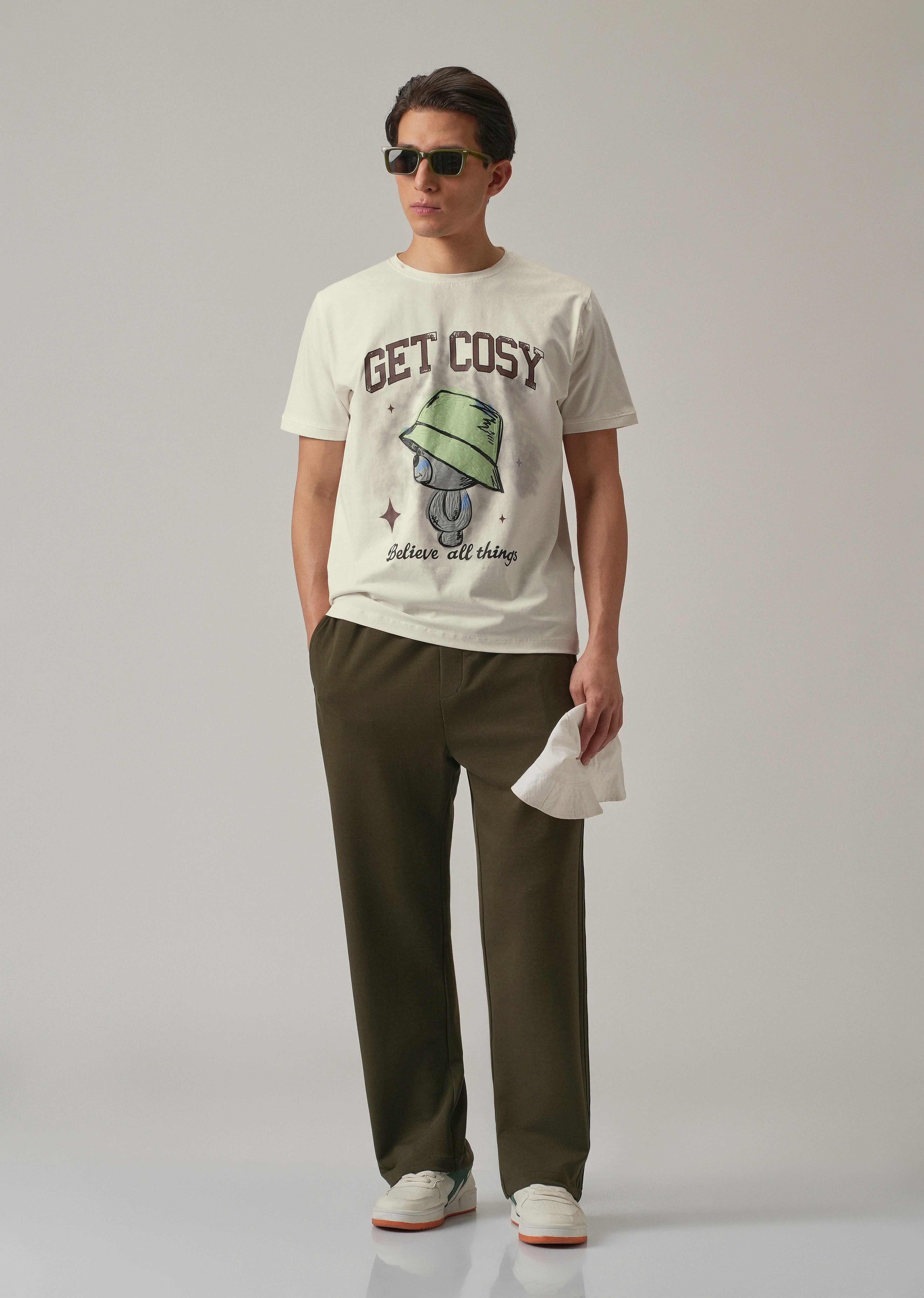 Cream Printed Slim Fit T-Shirt