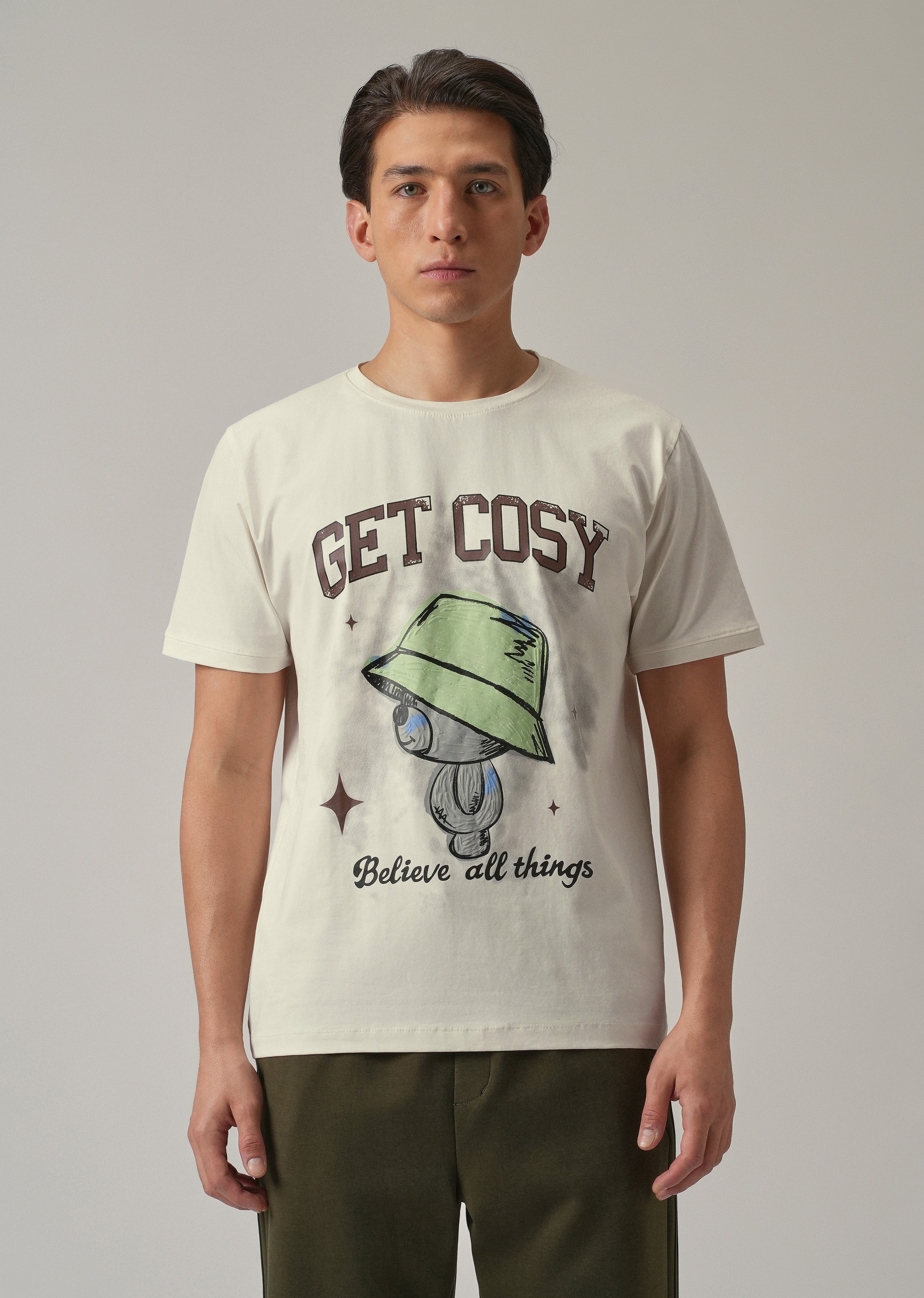 Cream Printed Slim Fit T-Shirt