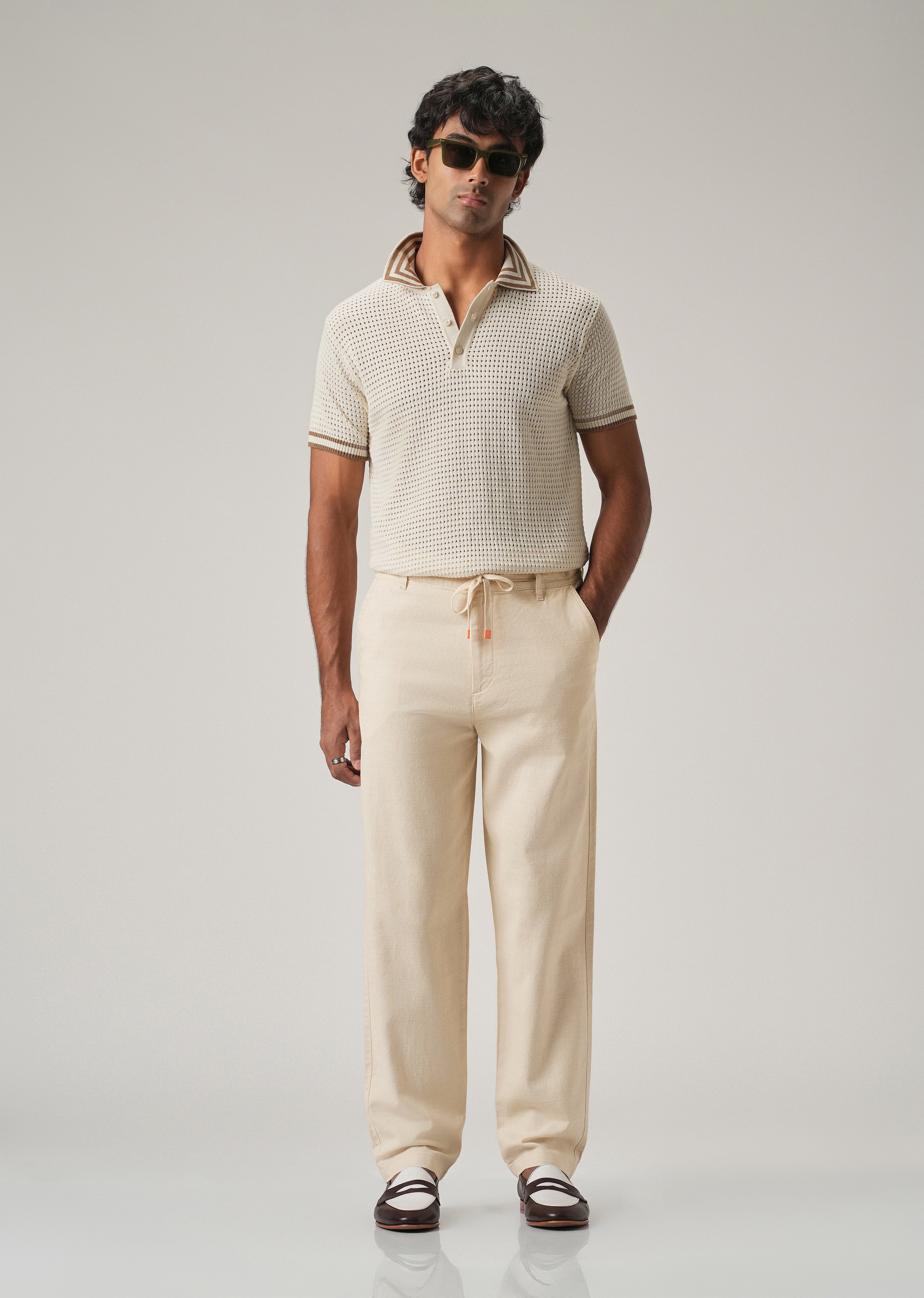 Cream Linen-Look Cotton Trousers