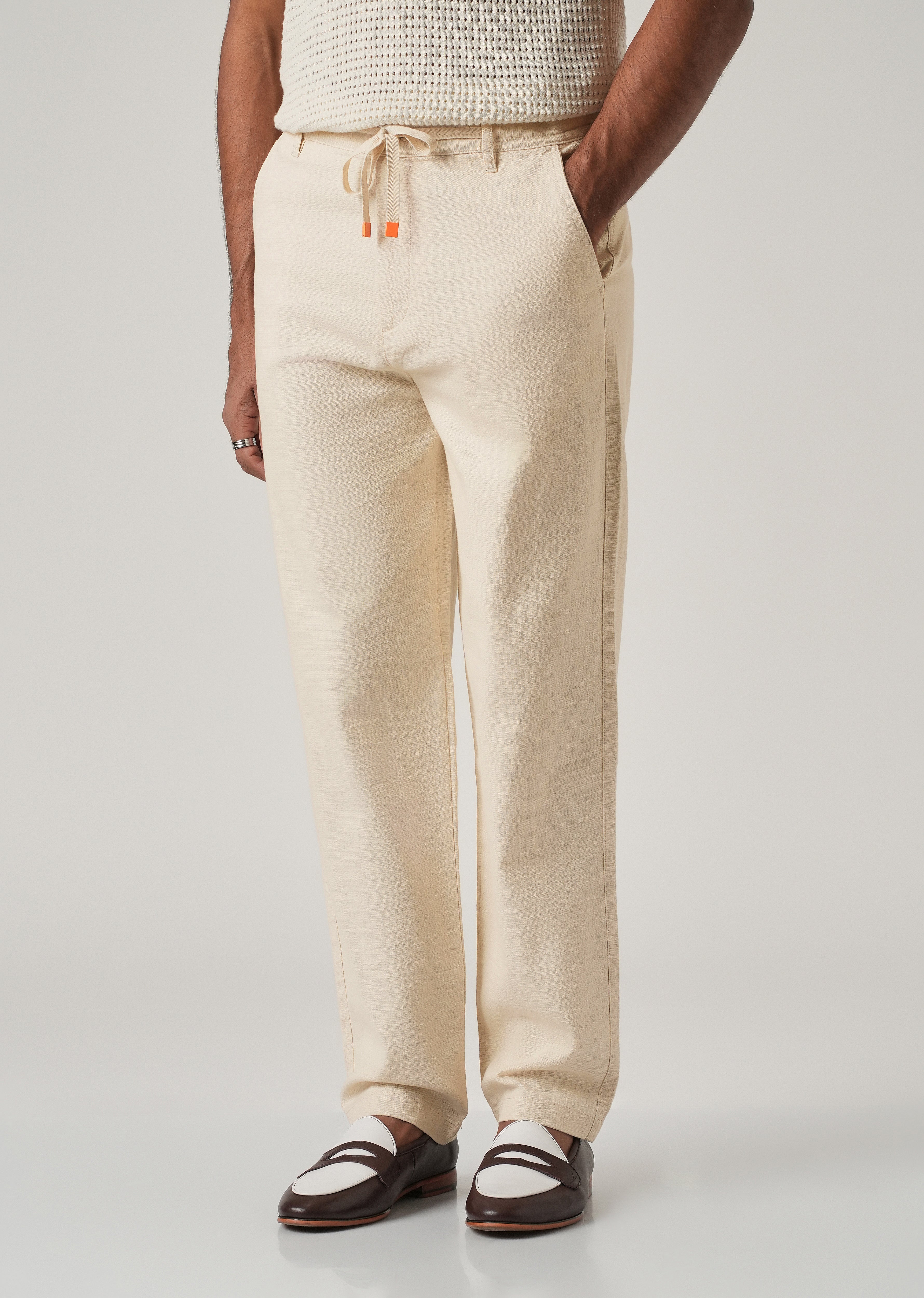 Cream Linen-Look Cotton Trousers