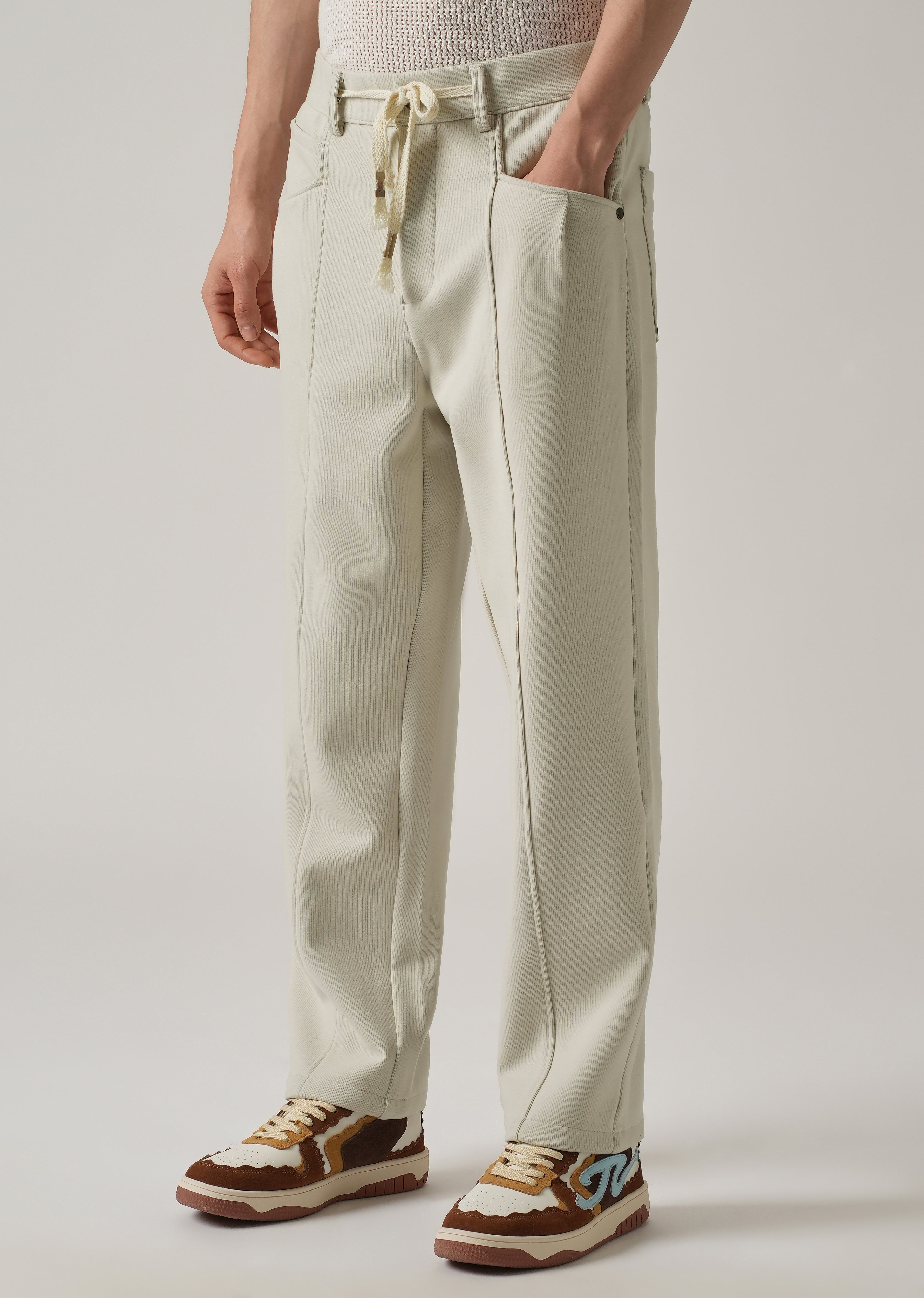 Cream Corduroy Relaxed Fit Drawstring Pant