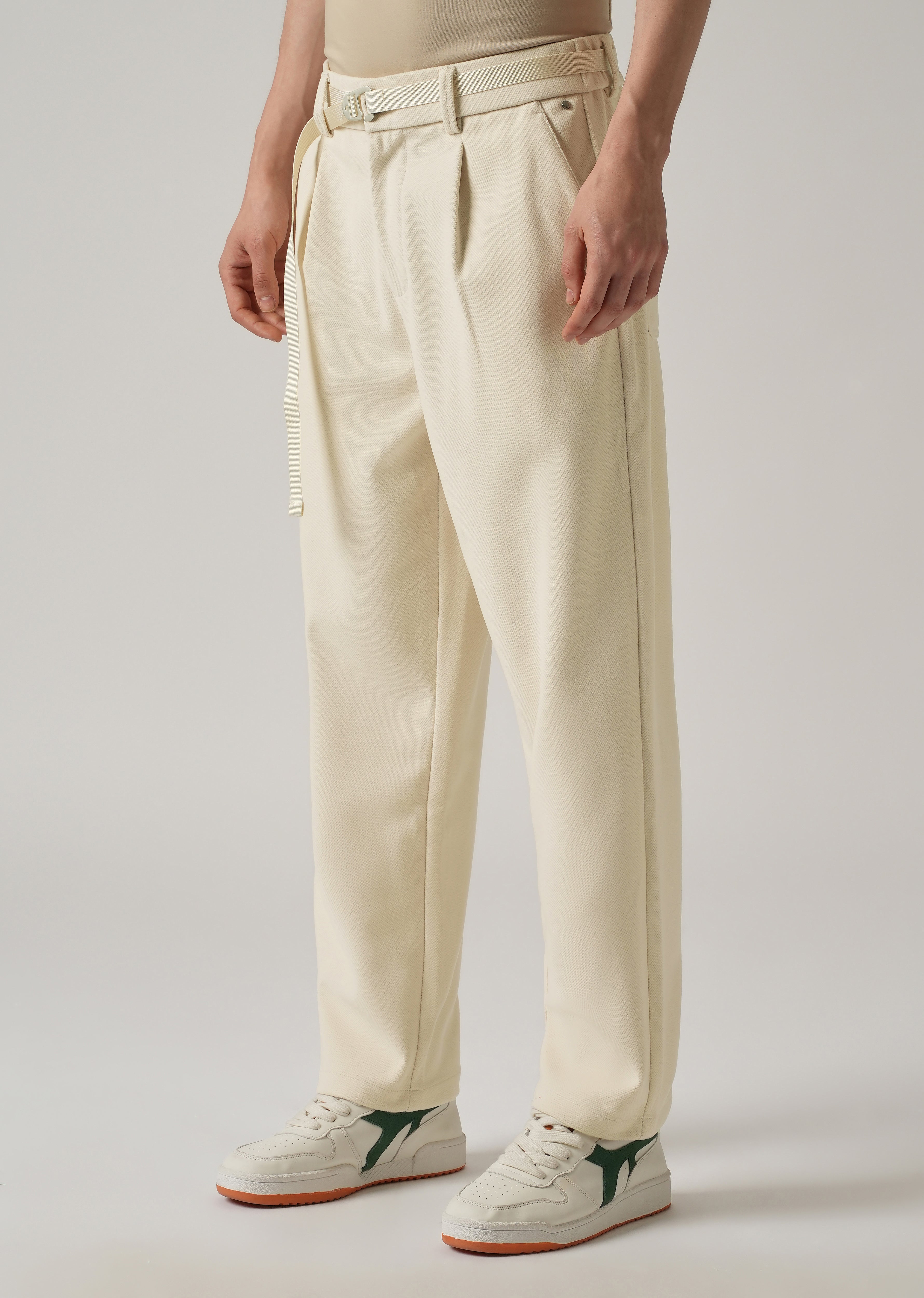 Cream Relaxed Fit Textured Pleated Pant