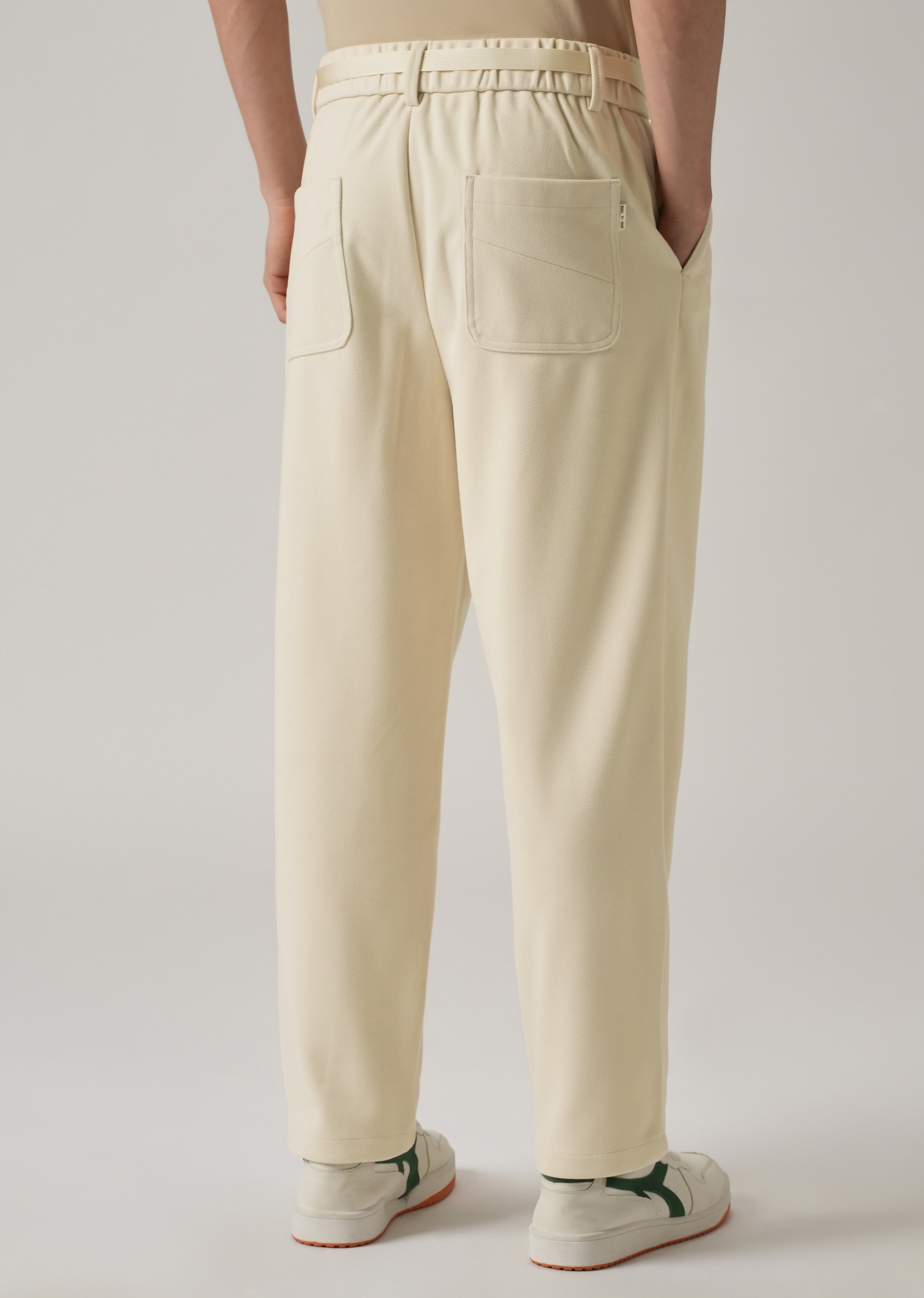 Cream Relaxed Fit Textured Pleated Pant