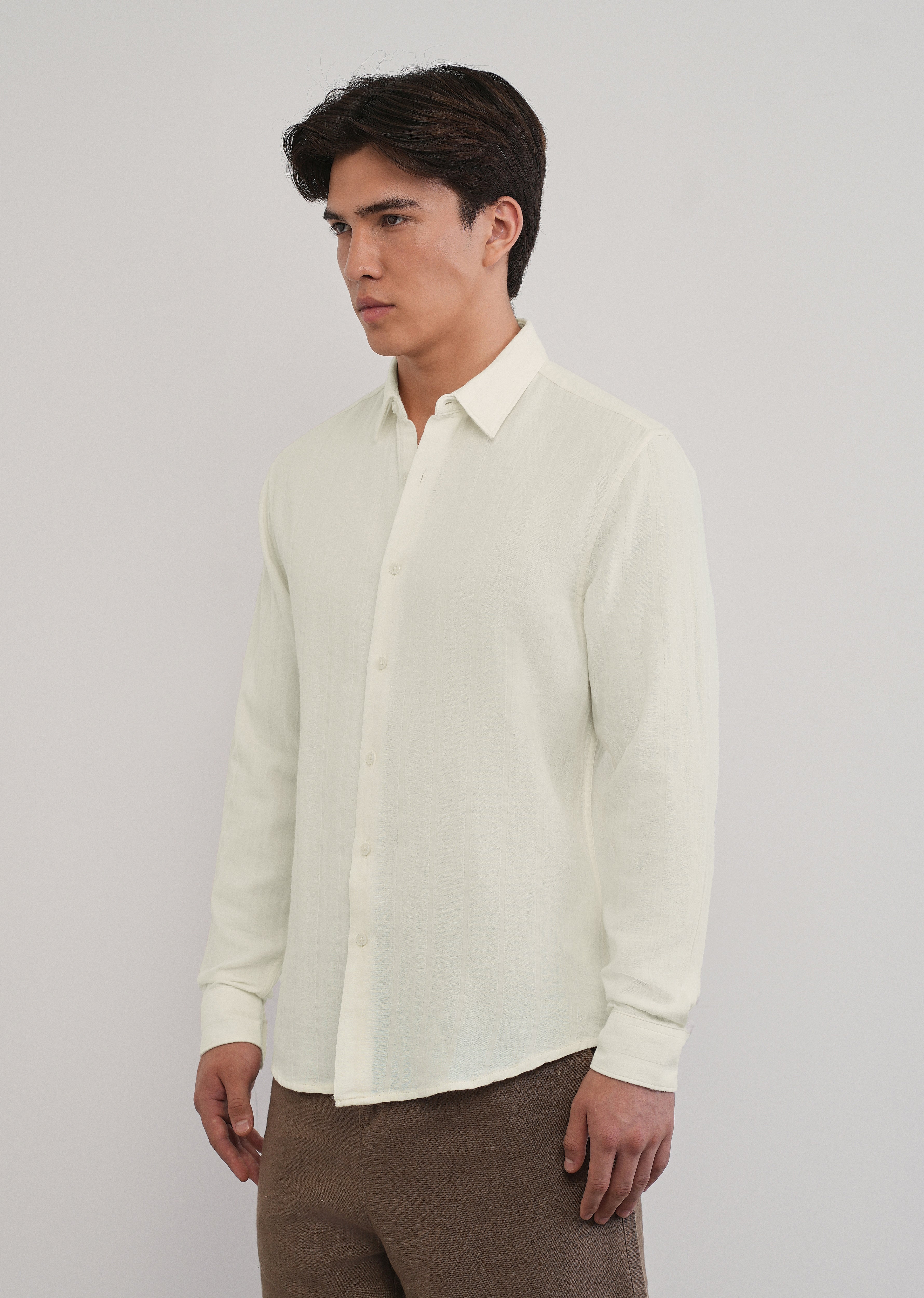 Cream Self Striped Cotton Shirt