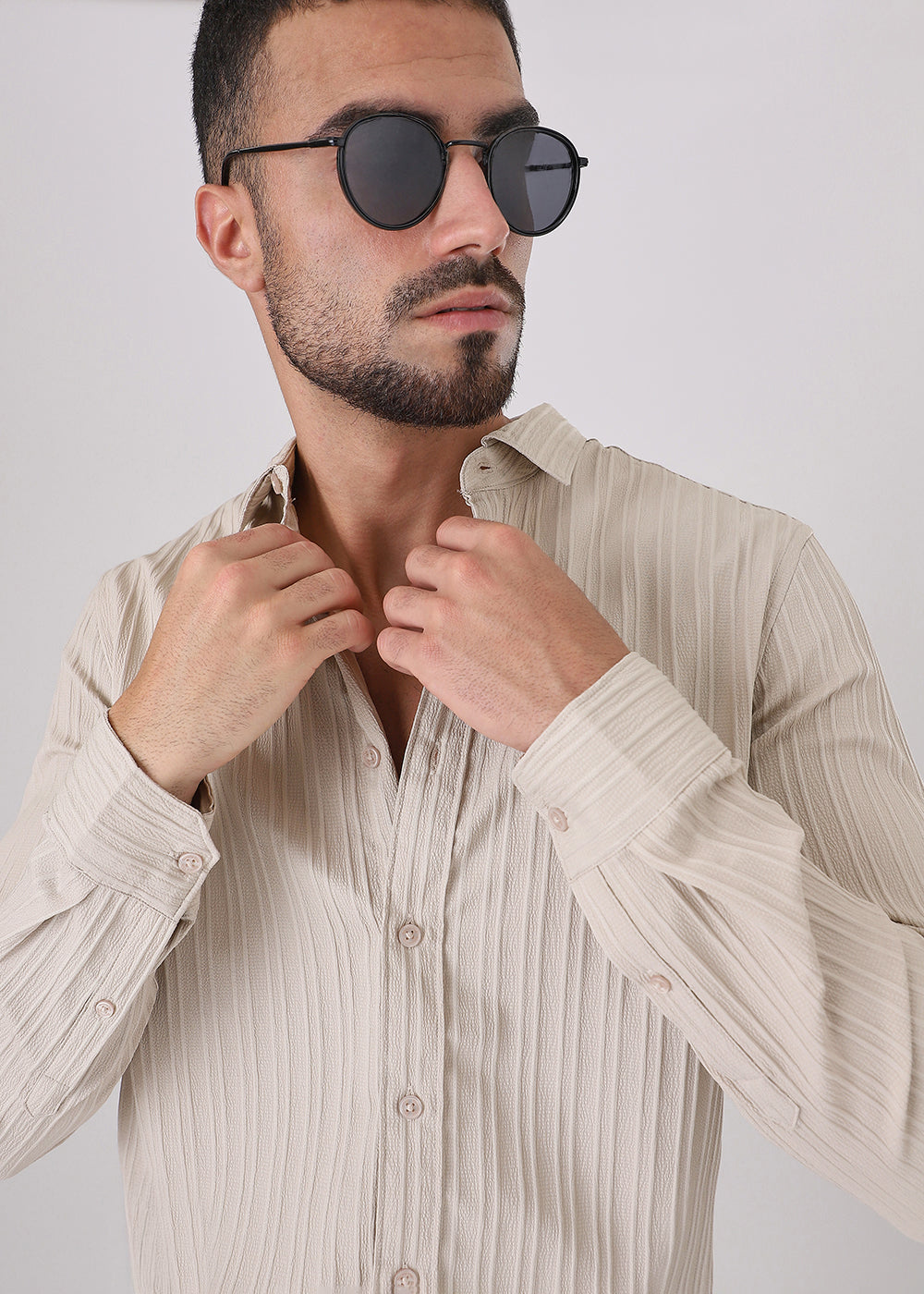 Cream Plain Self Striped Shirt
