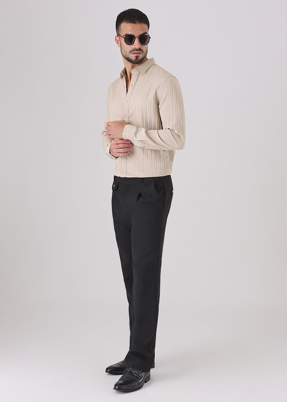 Cream Plain Self Striped Shirt