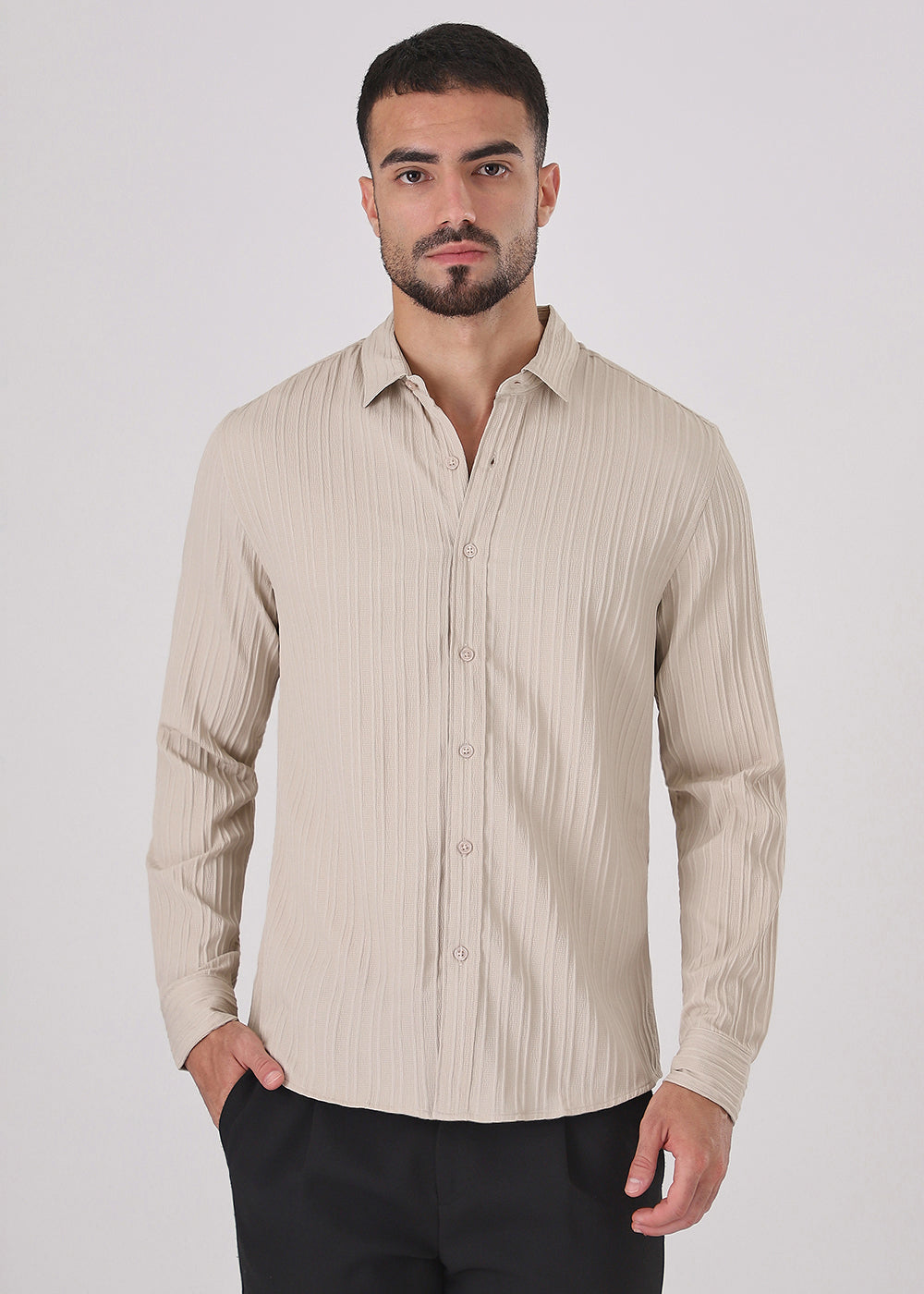 Cream Plain Self Striped Shirt