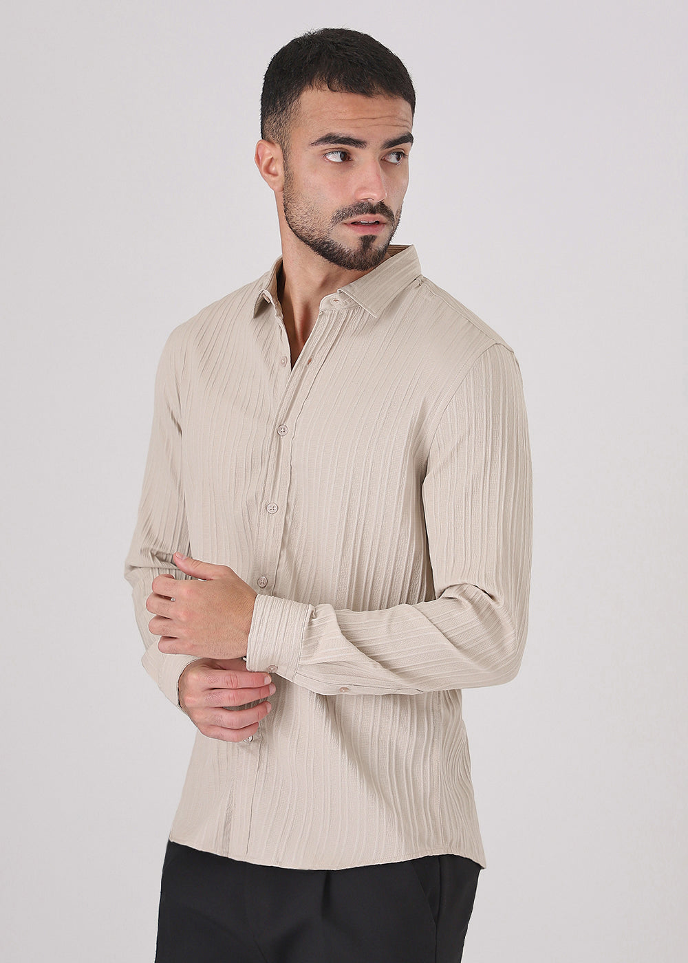 Cream Plain Self Striped Shirt