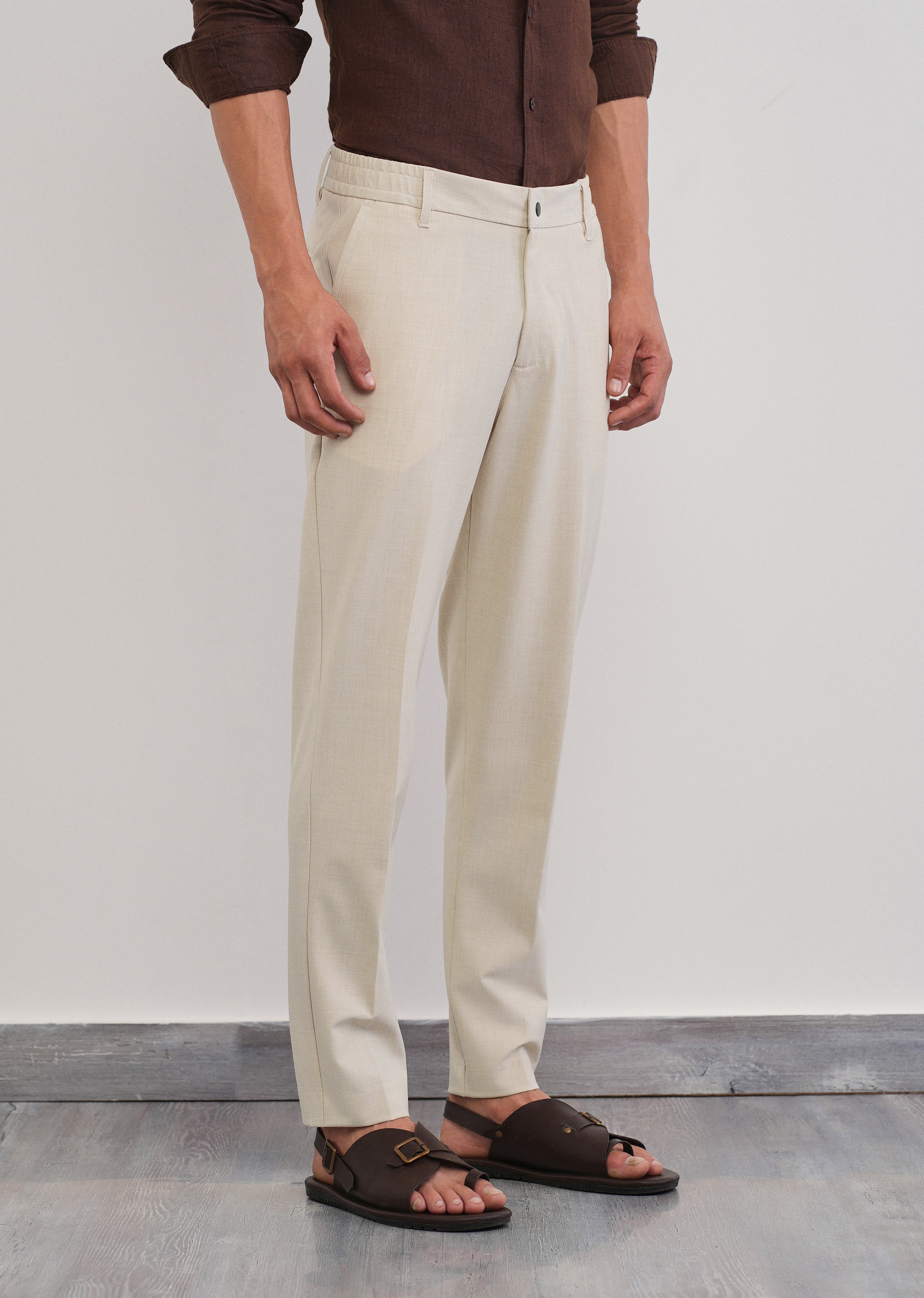 Cream Semi-Elastic Slim Fit Trouser