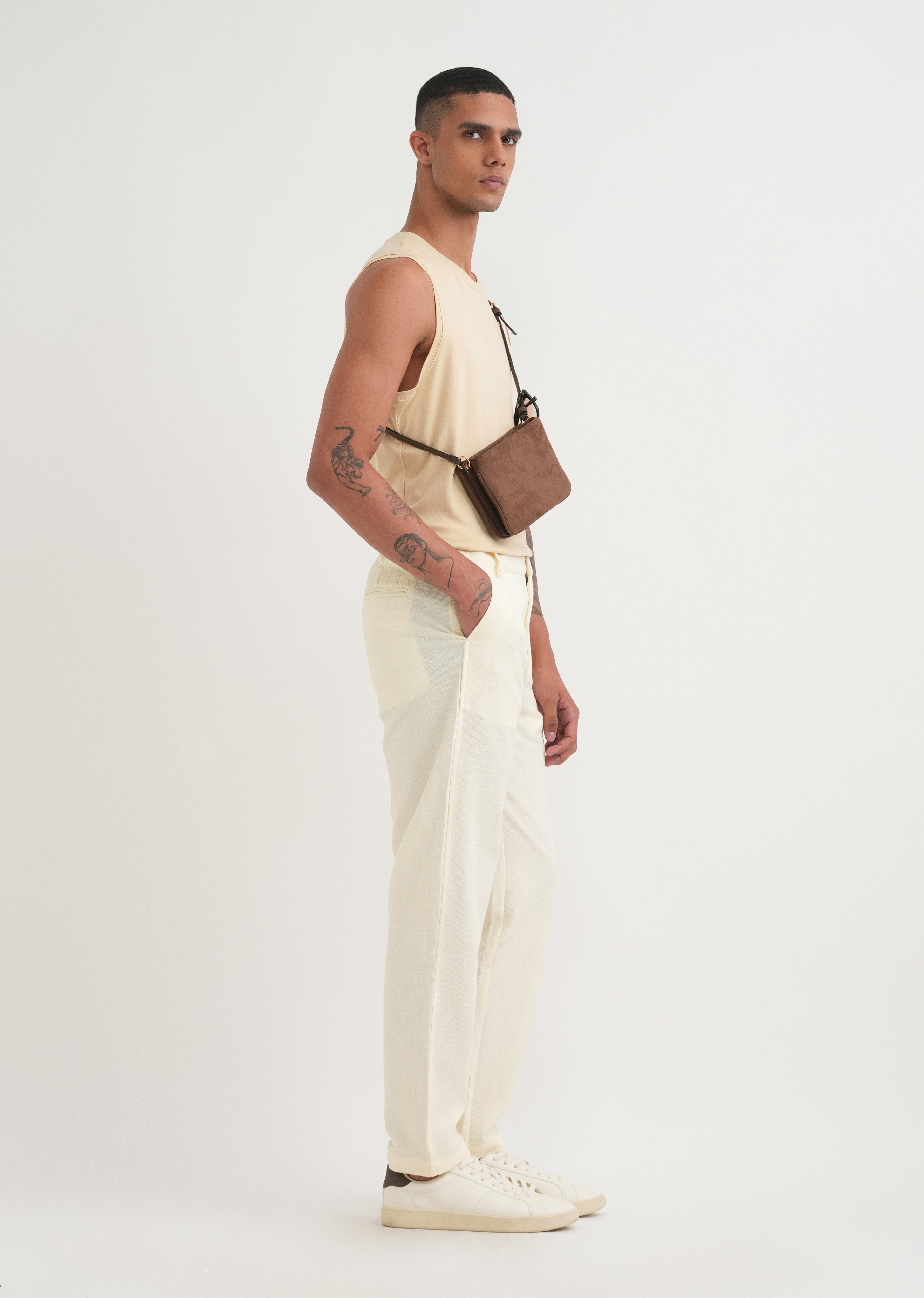 Cream Semi-Elasticated Textured Pant