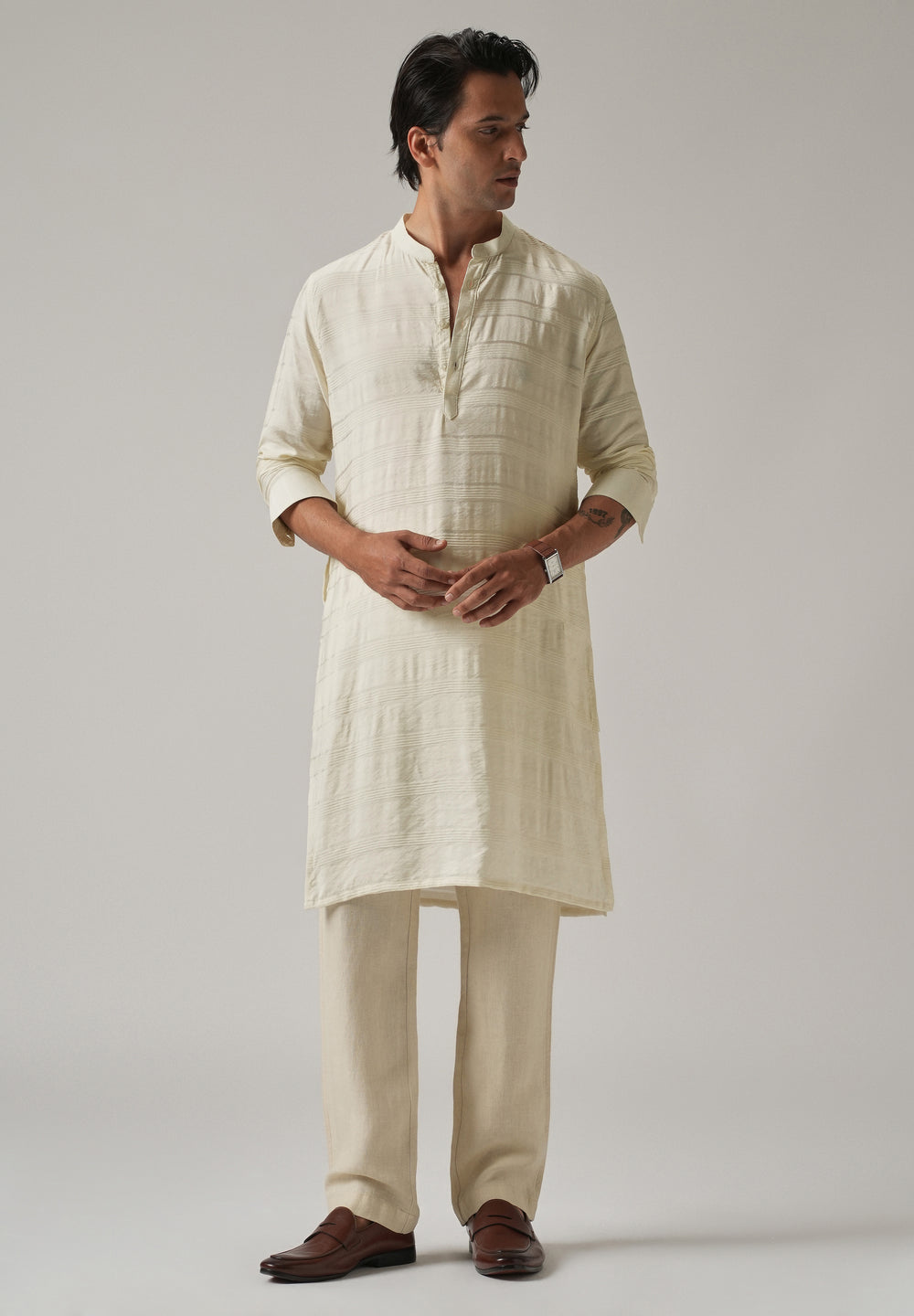 Cream Nylon Subtle Stripe Kurta