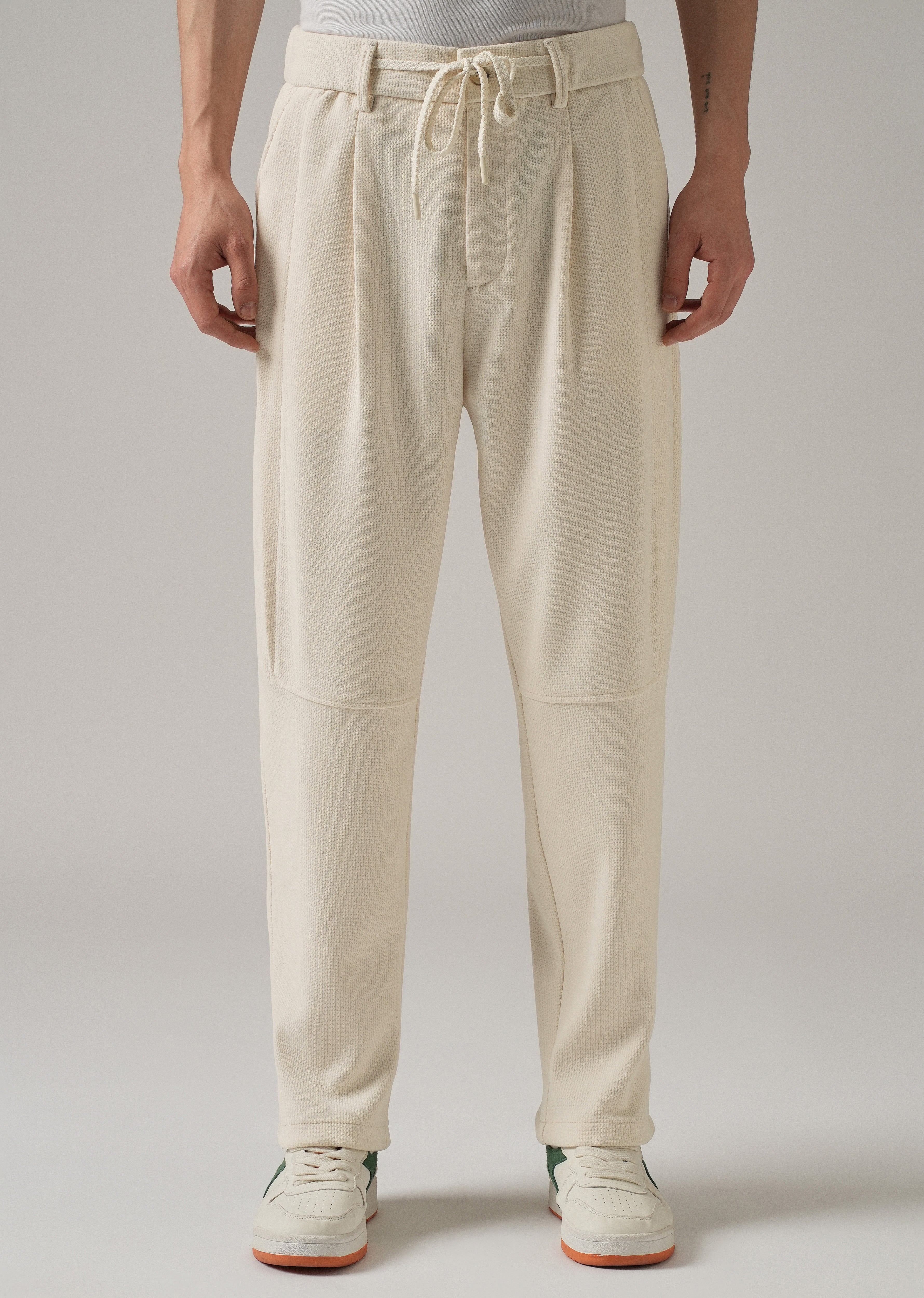 Cream Textured Suede Drawstring Pant