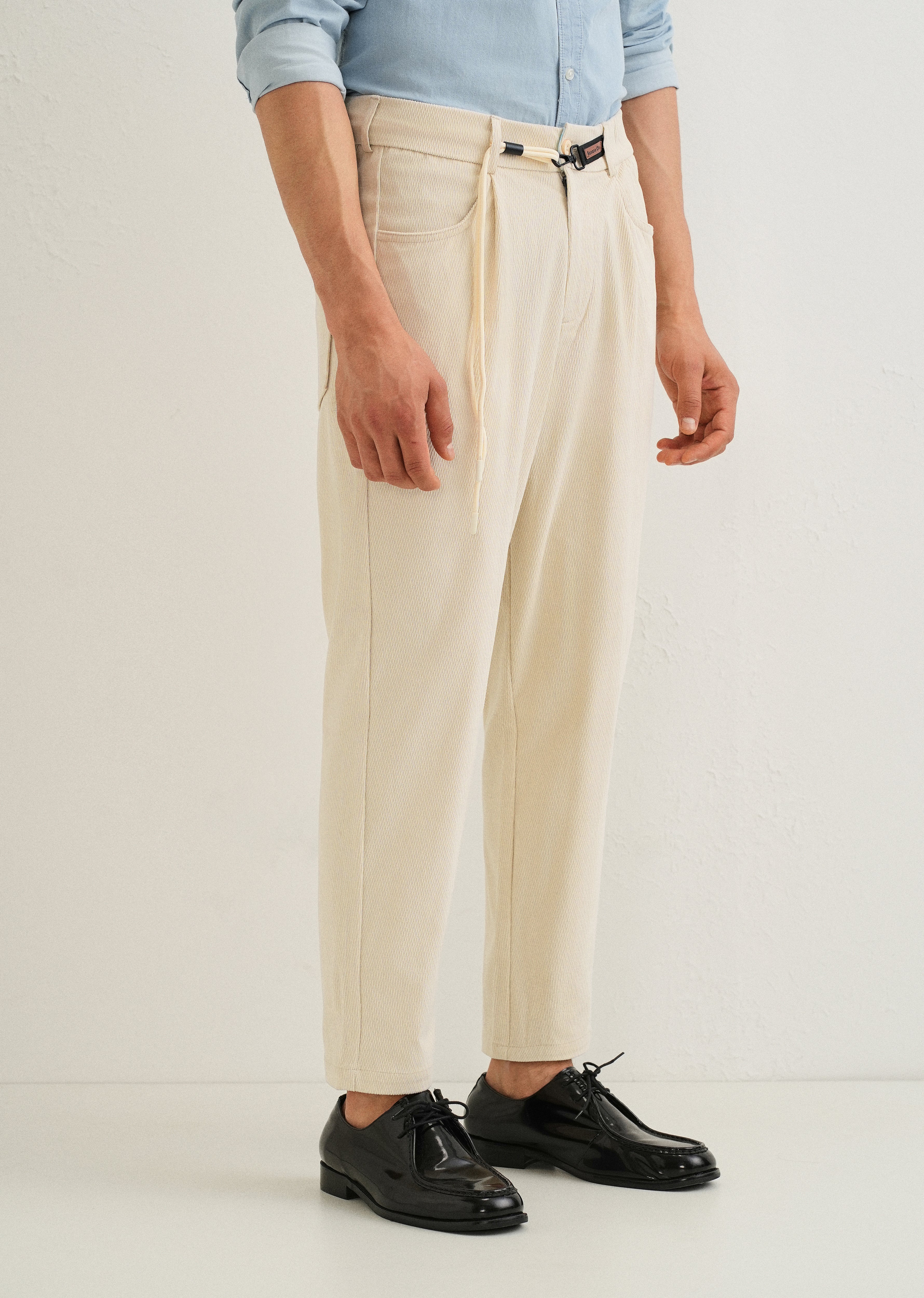 Cream Textured Corduroy Drawstring Pant