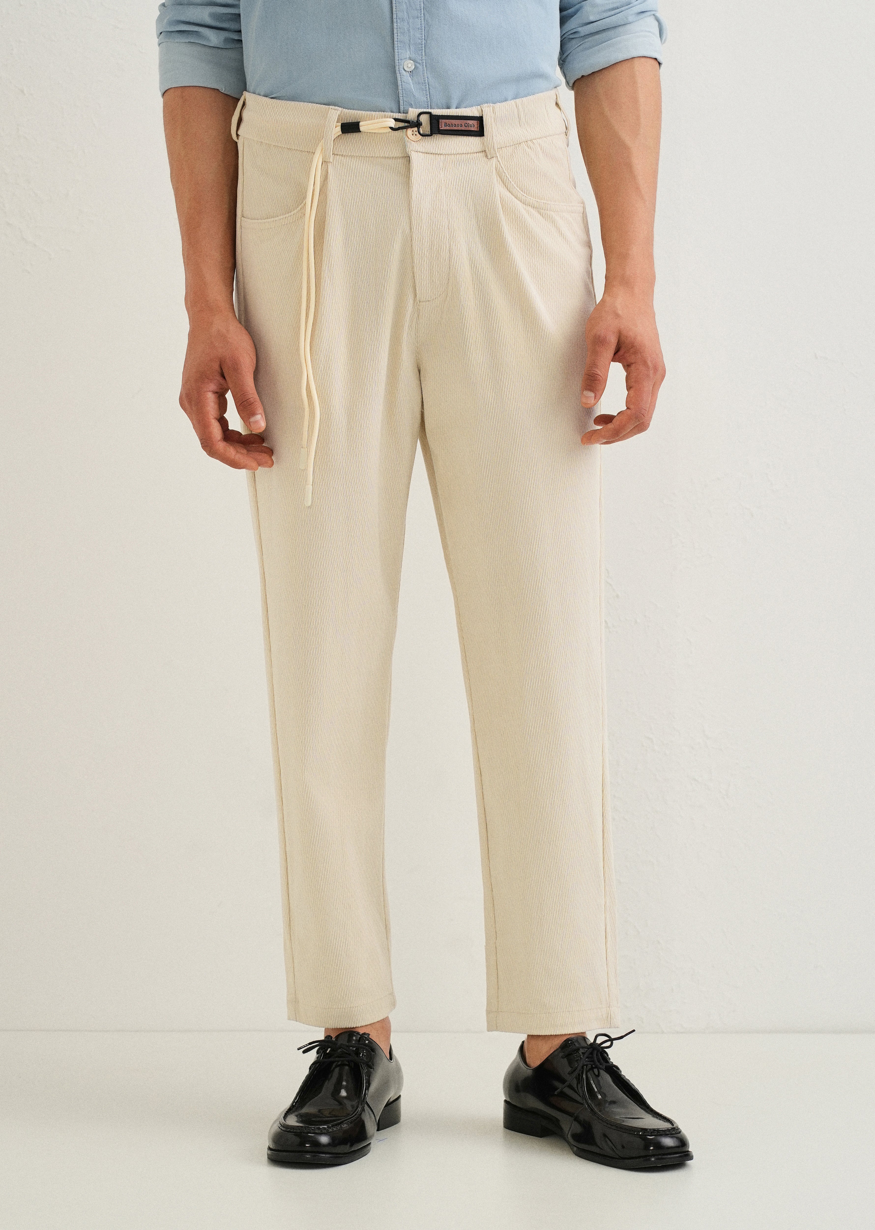 Cream Textured Corduroy Drawstring Pant