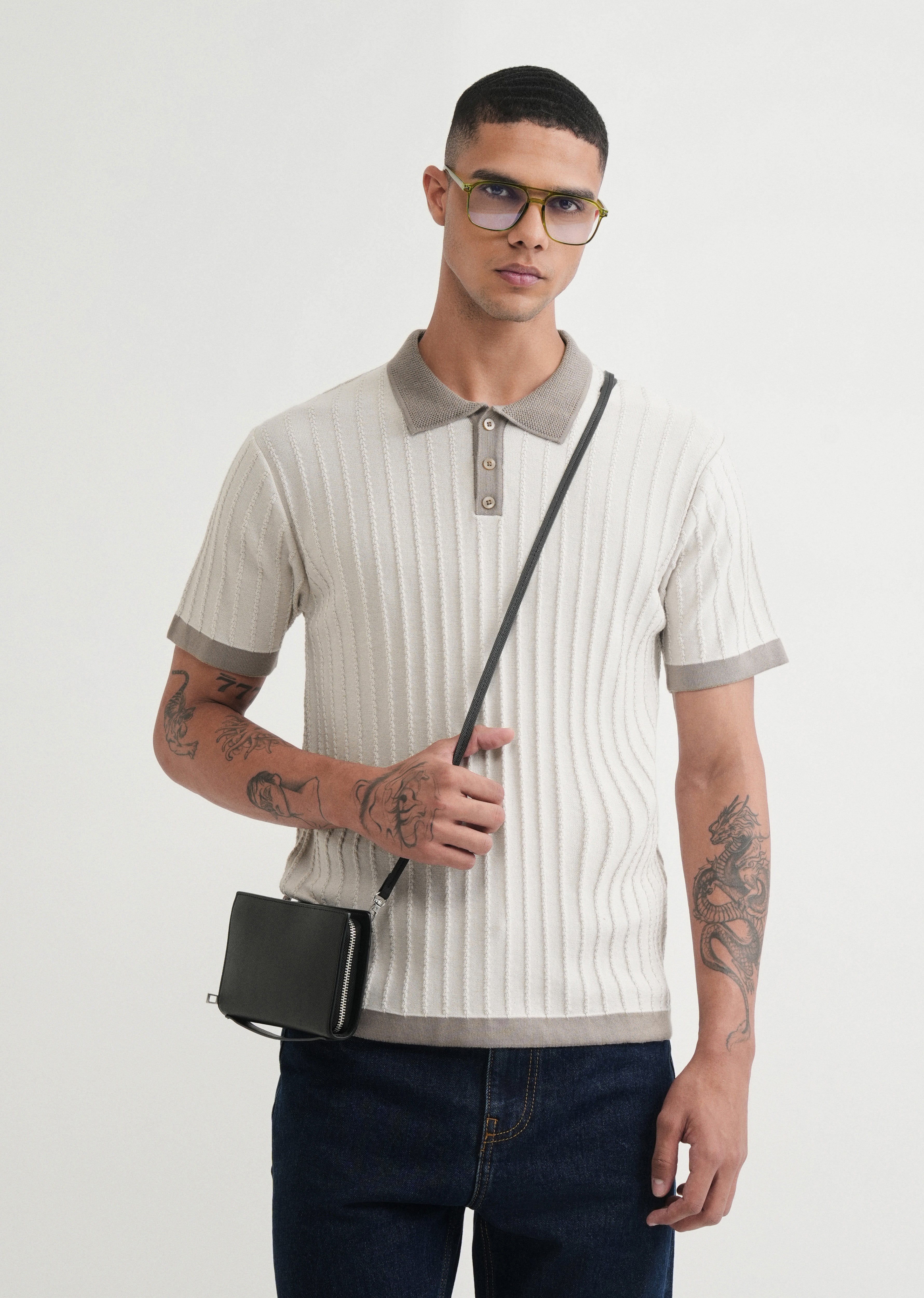 Cream Textured Knitted Polo