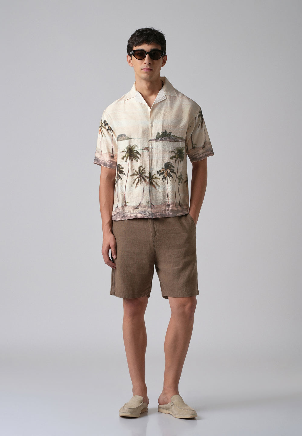 Cream Tropical Palm Print Shirt