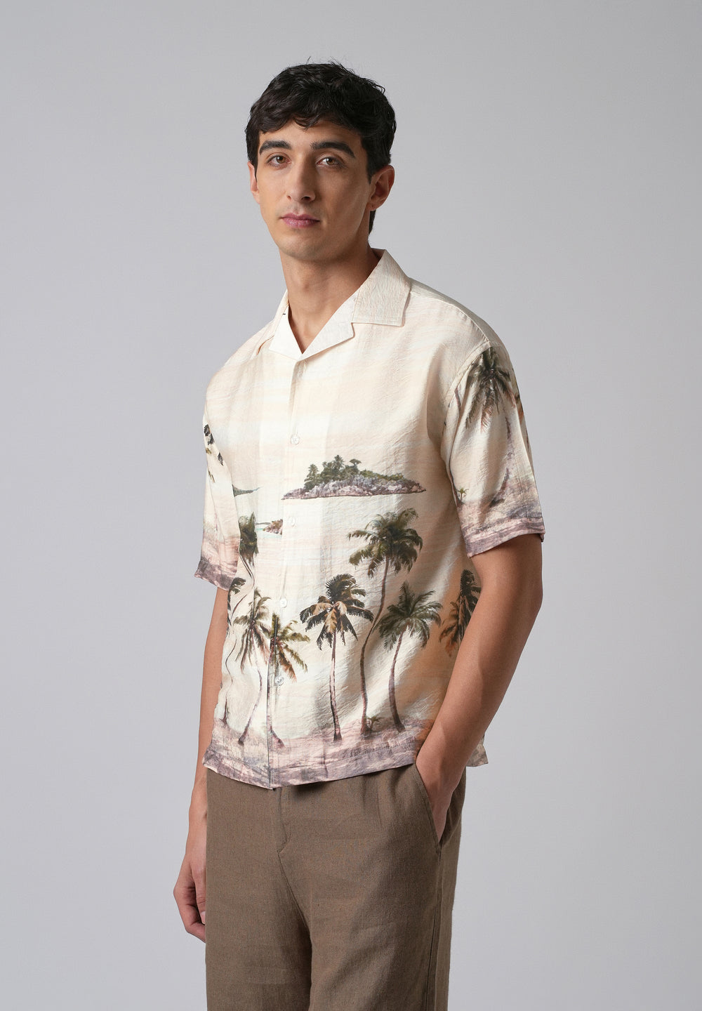 Cream Tropical Palm Print Shirt